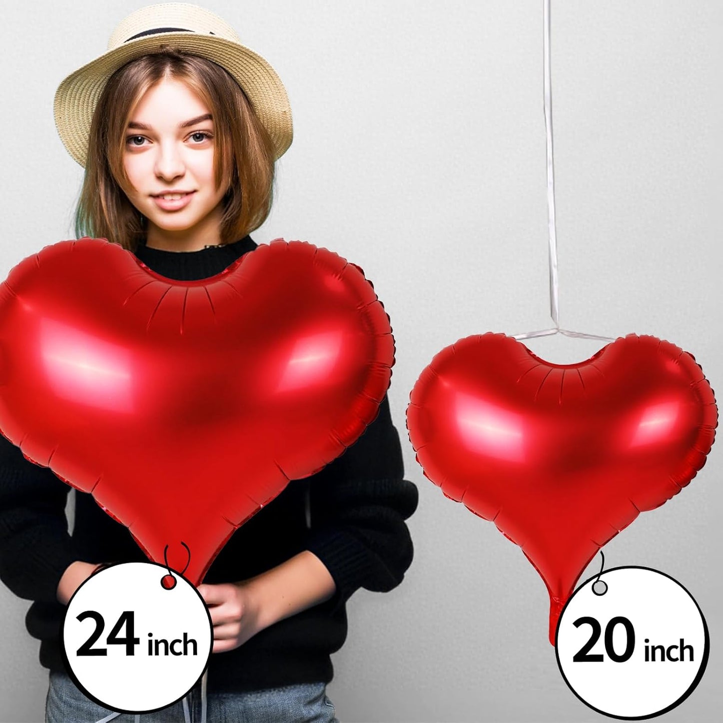 24 Inch Red Heart Balloons, Heart Shaped Valentines Foil Balloons, Red Love Helium Balloon for Valentines Day Bridal Shower Anniversary Wedding Birthday Engagement Party Decorations