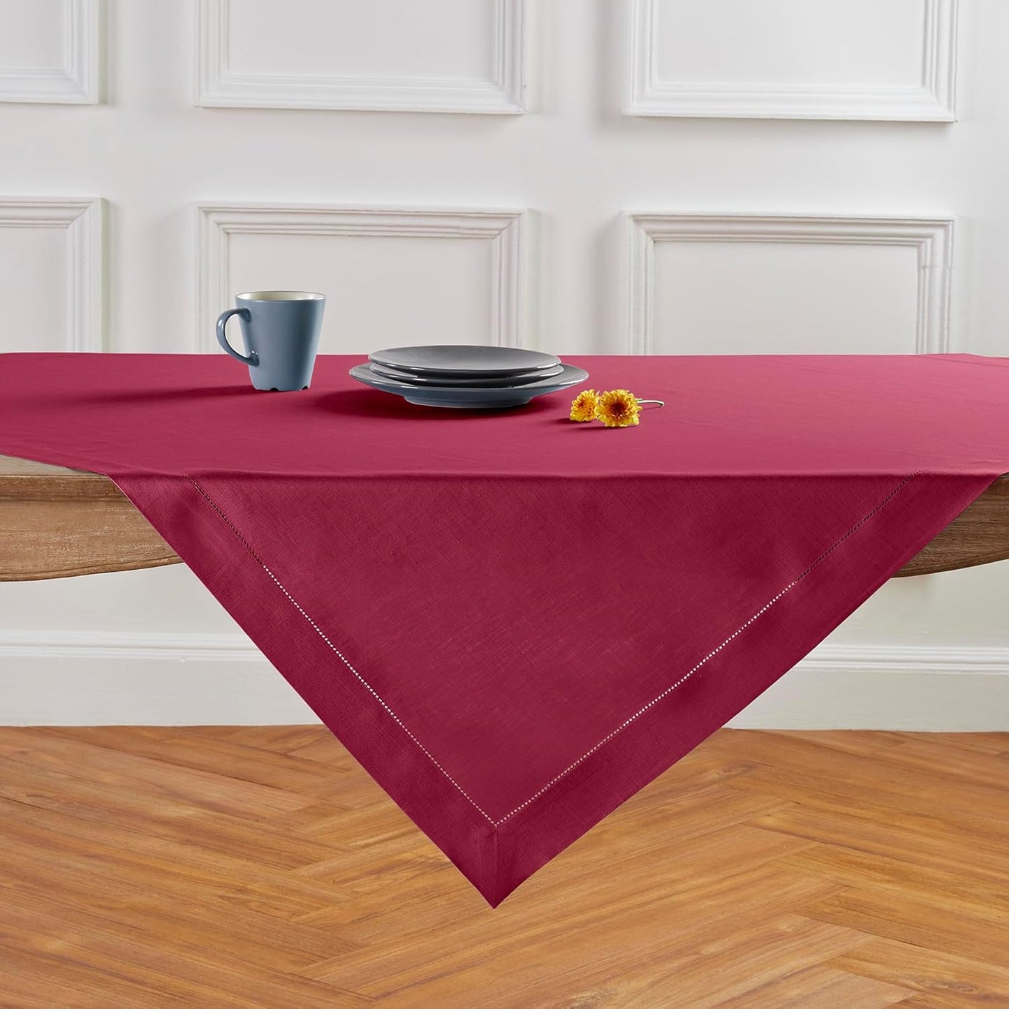 Solino Home Linen Tablecloth 52 x 52 Inch - 100% Pure Linen Beet Square Tablecloth - Classic Hemstitch, Machine Washable Table Throw for Fall, Autumn, Thanksgiving, Holiday