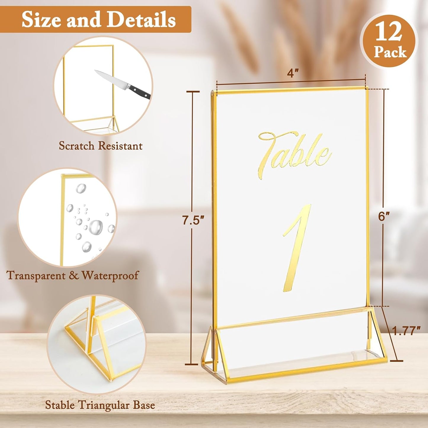 Floroom 12 Pack 4x6 Inch Clear Acrylic Sign Holders, Double-Sided Gold Display Stand Picture Frames for Table Numbers, Menus, Flyers, Weddings, and Offices