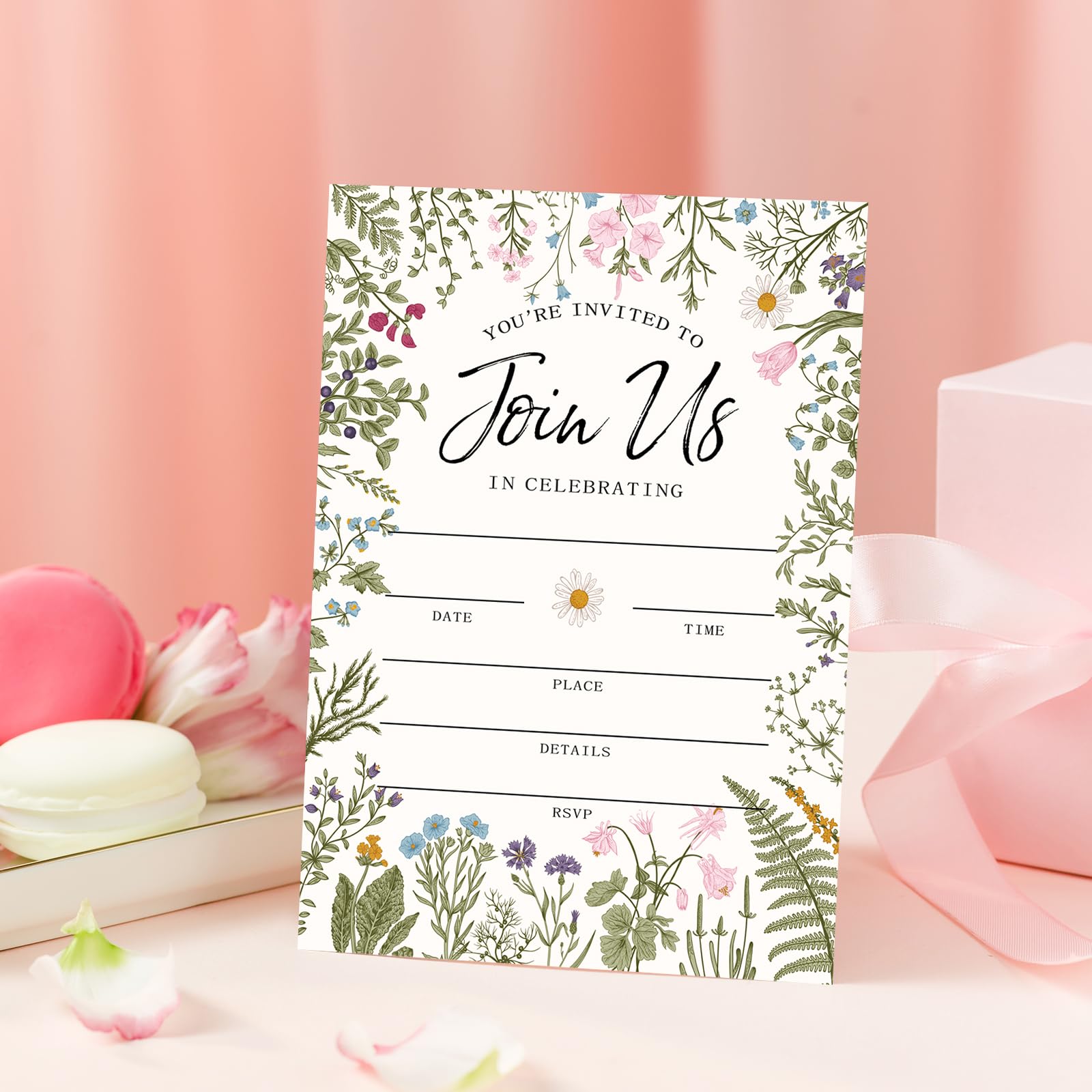 Whaline 25 Packs Vintage Floral Invitations with Envelopes and Stickers Retro Wildflower Invitation