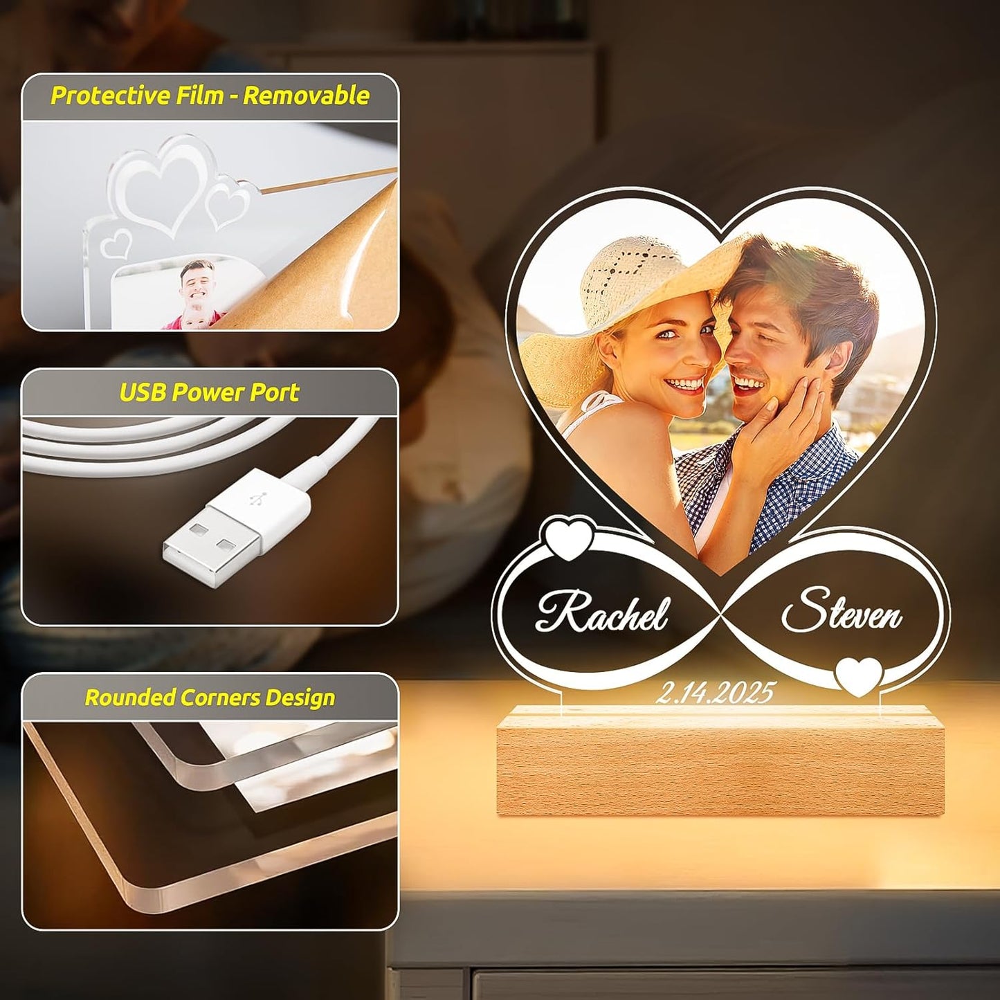 Custom Picture Frames with Photo, Customized Photo Frame with Night Light, Personalized Picture Frame, Personalized Anniversary Birthday Gifts for Women Men Him Her Girlfriend Boyfriend Couples