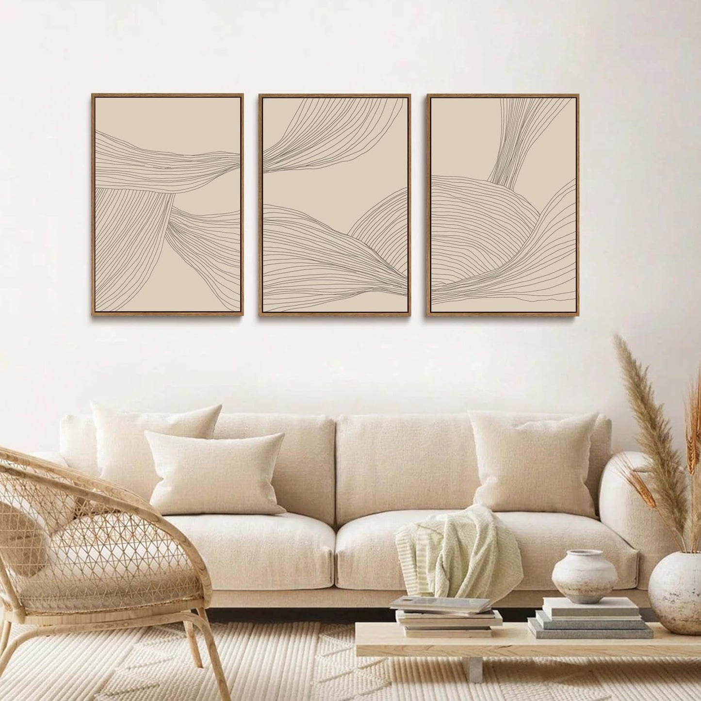 myusuar 3 Piece Large Modern Abstract Canvas Framed Wall Art For Living Room, Beige Minimalist Wall Art Decor Posters Prints For Bedroom Office, 12x16in