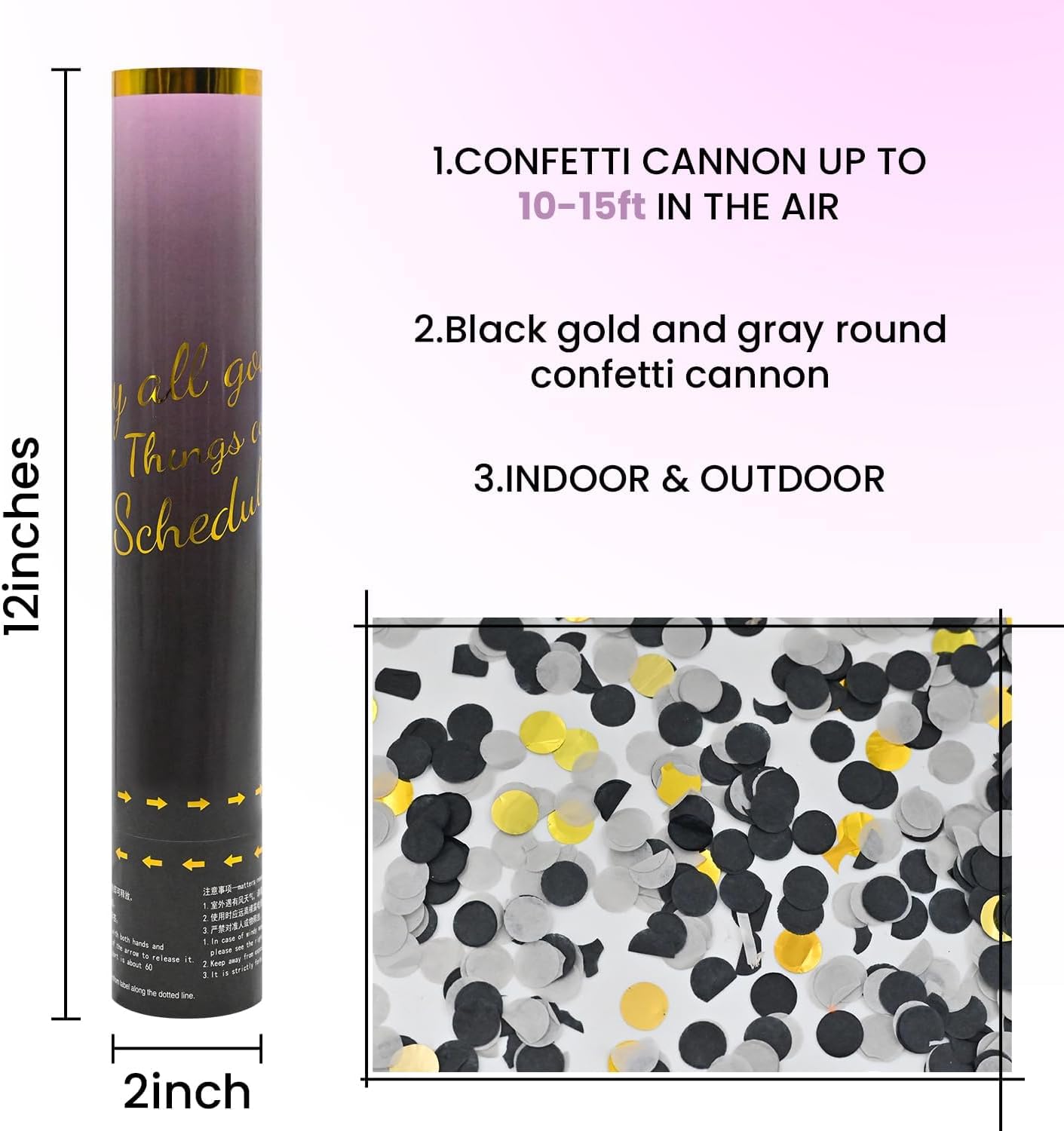 Confetti Cannon Black Gold 12 Pack Confetti Poppers 12 inch Celebrate Party Poppers Confetti Party Cannon for Anniversary Wedding Poppers Launchers, New Year's Eve, Birthdays and Weddings
