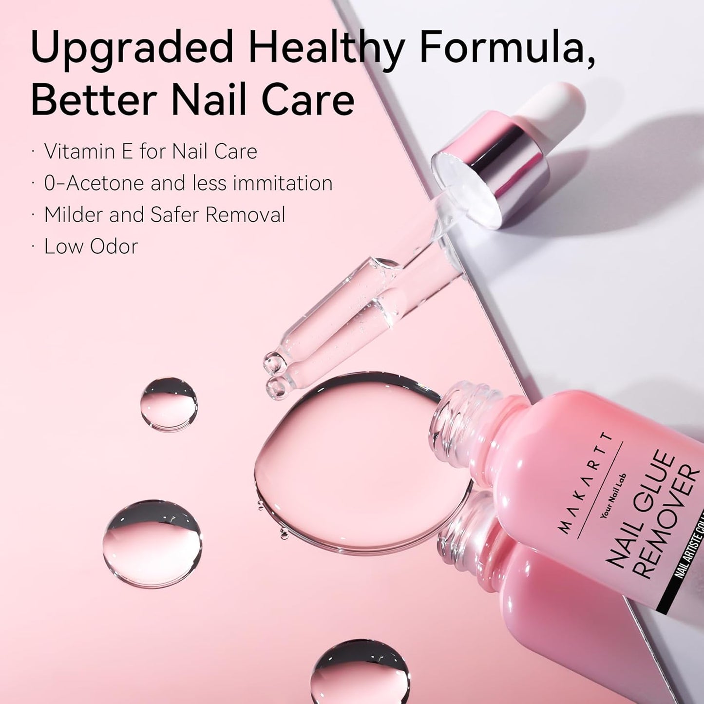 Makartt Press on Nail Glue Remover: Updated Formula with Vitamin E | Glue Debonder with 5 Wooden Sticks,1 Dropper Applicator for Quicker Application,Non-Acetone,Hema-free Glue off 30 ml
