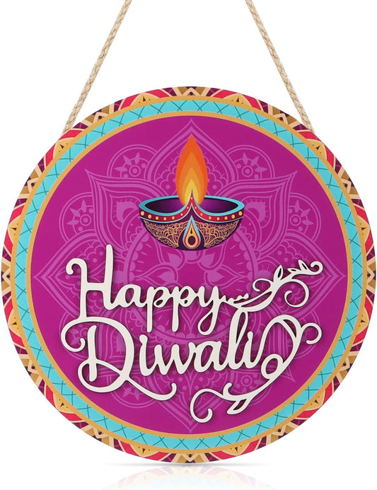 CHDITB Happy Diwali Decoration 3D Front Door Sign(12”x12”), Indian Festival of Lights Wall Hanging with Rangoli Diyas, Deepavali Themed Door Hanger for Front Door Porch Home Office Party