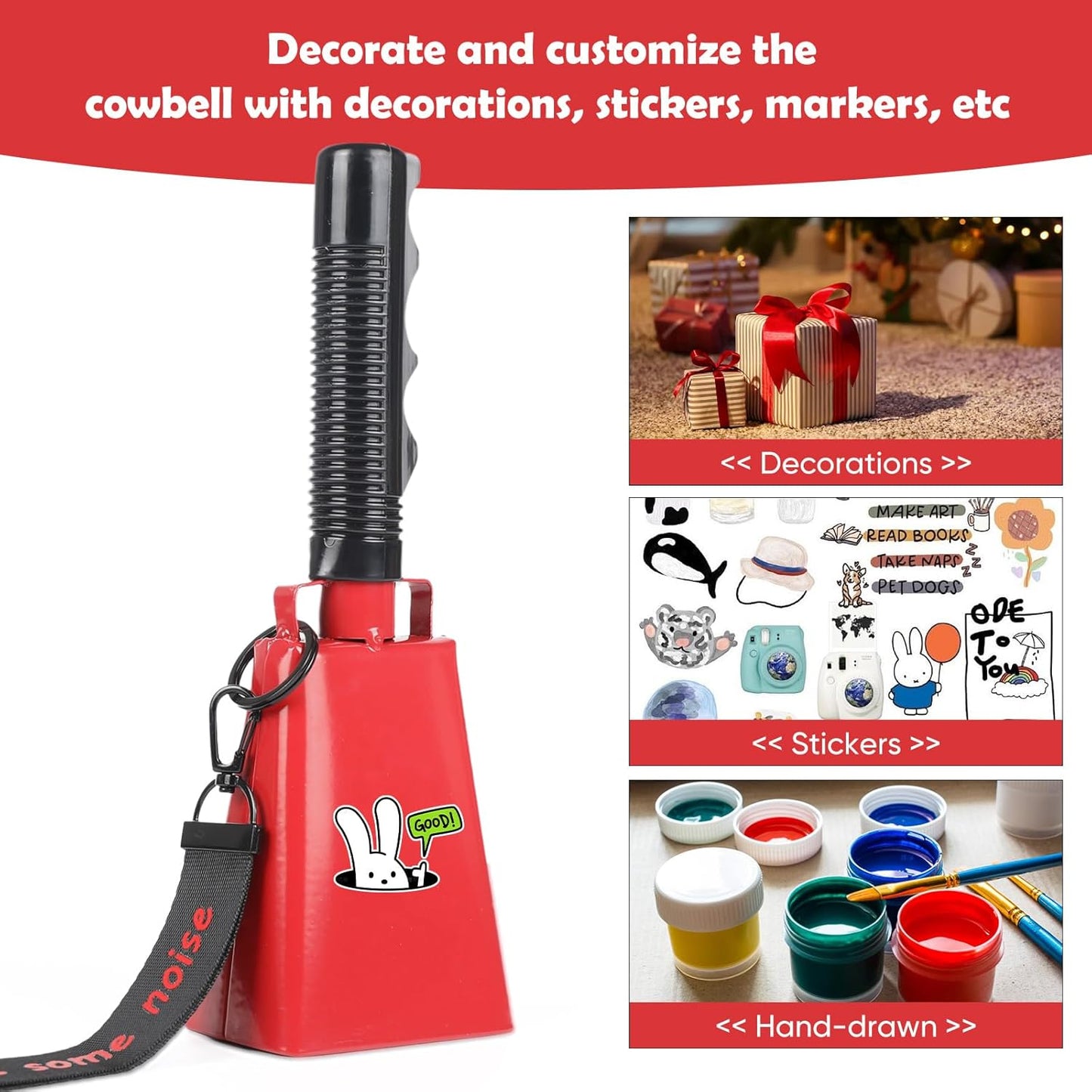 Cow Bells Noise Makers with Handle: Cowbells Hand Percussion for Sporting Events with Wrist Strap - 2pcs 8 Inch Large Loud Cheering Bell for Football Games Graduation (Red)