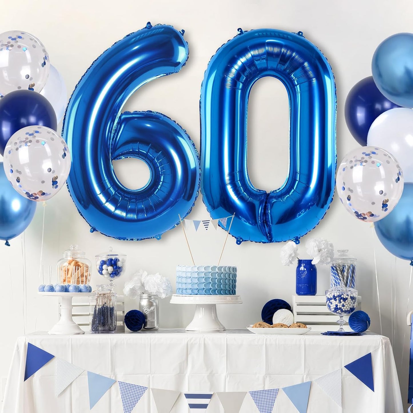 60 Balloon Number Blue, Big Number 60 Balloon Pastel Navy Dark Blue with Metallic Silver Confetti Balloon for Men 60th Birthday, Foil 40'' Self Inflating Balloon 60 for Anniversary Party Decorations