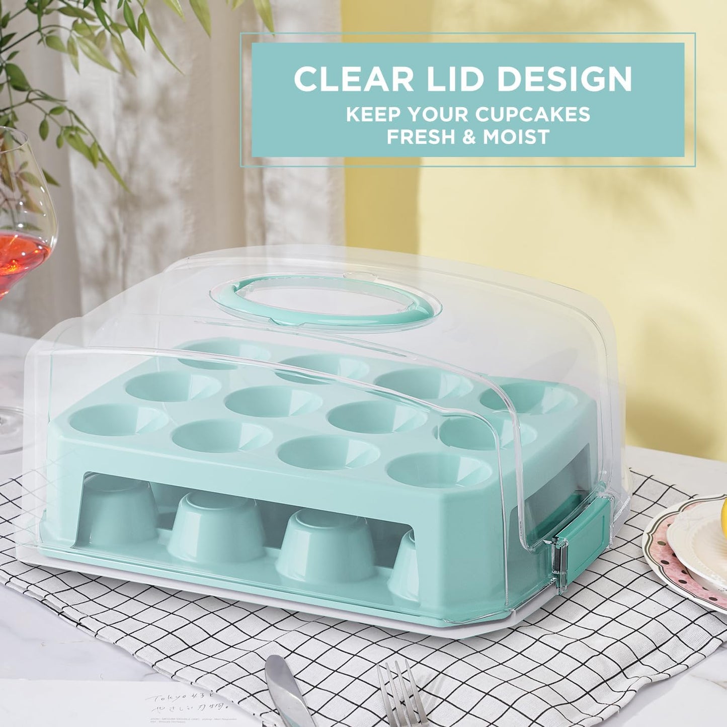 Cupcake Carrier 24 Count, Green Cupcake Holder, Cupcake Container with Lid and Handles, Muffin Traveler Two Tier Stand Reusable Cupcake Box