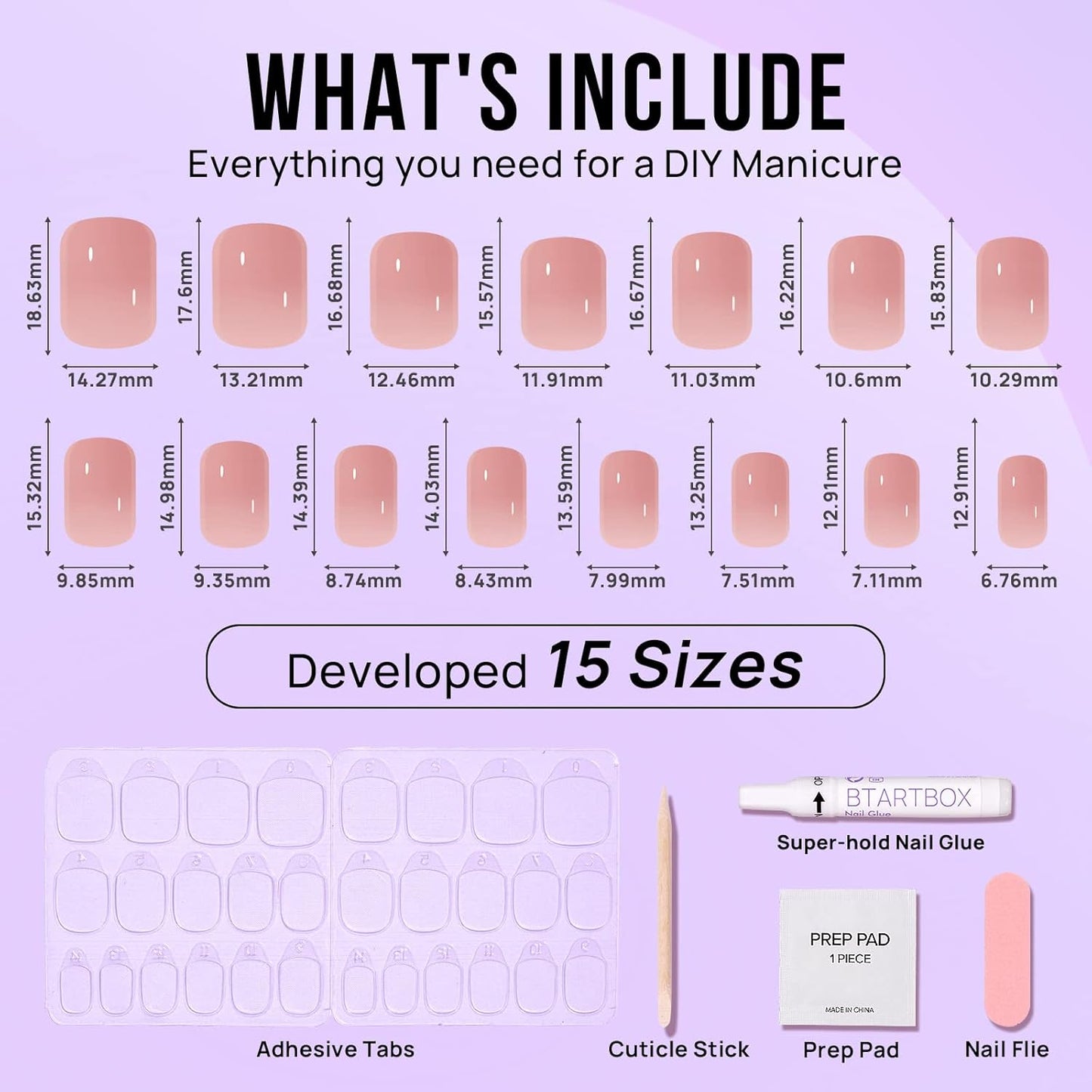 BTArtbox Press On Nails Short - Nude Square Nail Tips Glue On Nails, Reusable Stick On Nails in 15 Sizes - 30 Soft Gel Fake Nails Kit, Cinnamon