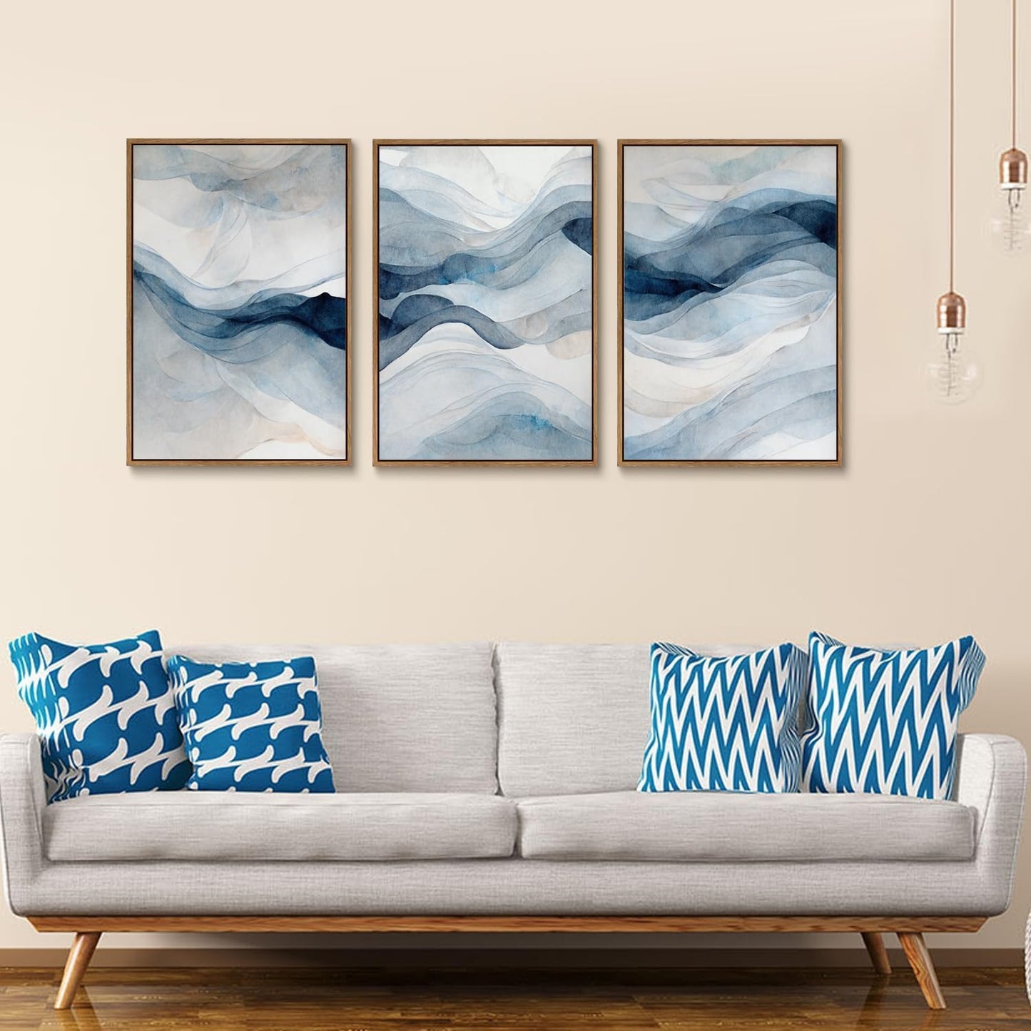 myusuar 3 Piece Large Abstract Framed Wall Art For Living Room, Smoke Texture Ink Navy Blue Canvas Wall Art Modern Minimalist Art Prints Wall Décor For Bedroom Office 16x24in