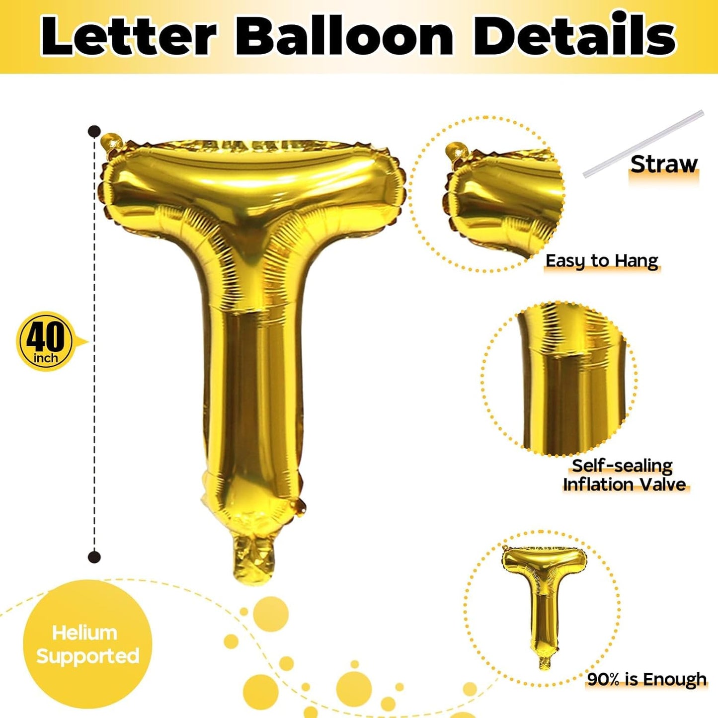 Custom Letters Balloon Gold, Large Helium Alphabet Name Balloon T Decor, 40 Inch Self Inflating Mylar Letter Foil Word Customize Balloons for Girls Women Birthday Anniversary Party Decoration Supplies