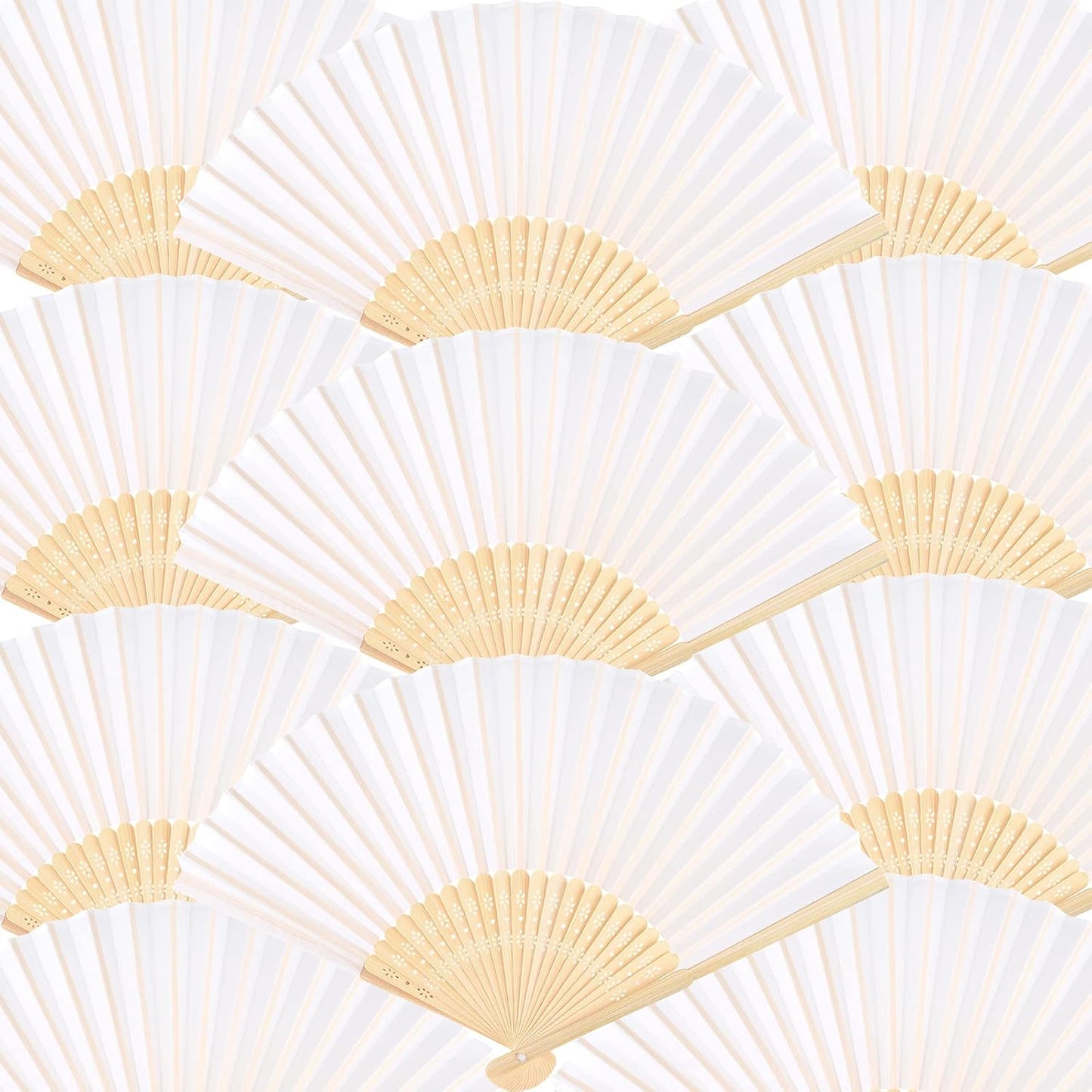 FEPITO 50 Pieces White Handheld Paper Fan Paper Folding Fans with Bamboos for Wedding Gift, Party, Home