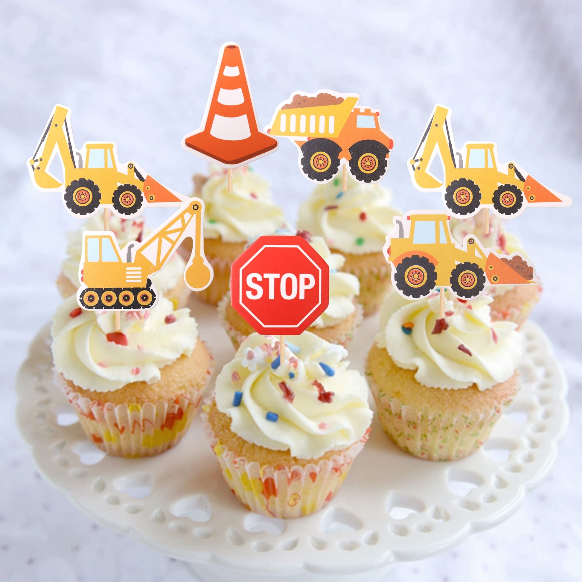 36 PCS Construction Cupcake Toppers Stop Sign Dump Truck Excavator Tractor Party Cake Food Picks