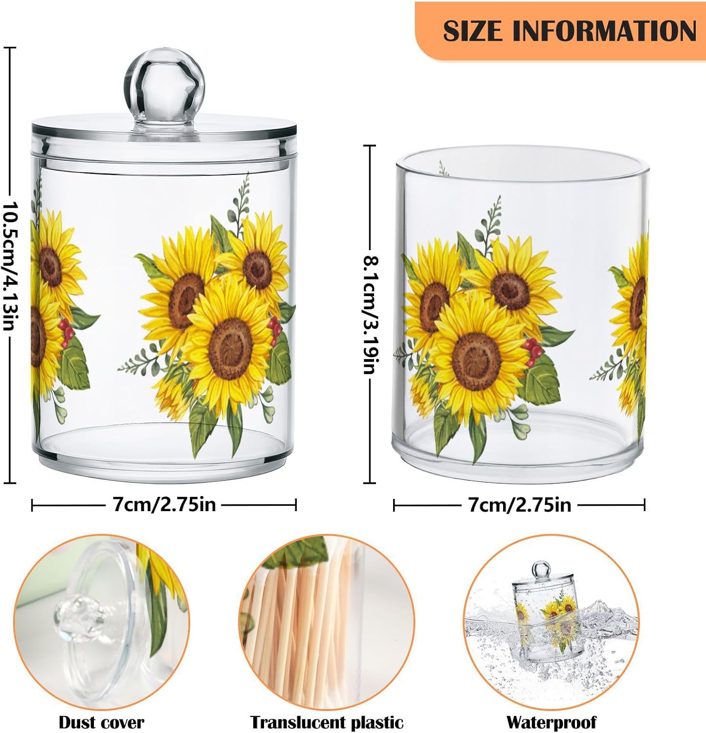 Gredecor Qtip Holder Dispenser 2 Pack Yellow Watercolor Sunflowers Bathroom Decorative Storage Canister Holder Counter Vanity Organizer for Cotton Ball Swabs Pads Floss