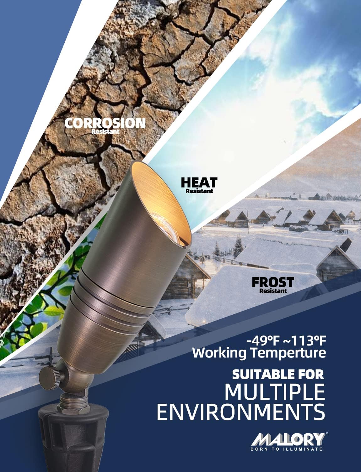 MALORY Brass Landscape Spotlights 12-Pack with Bulb Kit(S02), Low Voltage 12V AC/DC LED Outdoor Spot Uplights for House and Tree,PVC Ground Stake and Wire Connector Included, 5W 2700K Warm White