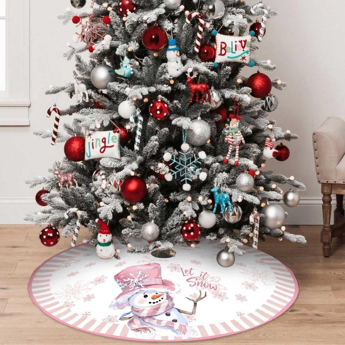 Let It Snow Snowman Christmas Tree Skirt 48 Inches, Pink Snowflake Tree Skirt, Winter Xmas Tree Mat for Home Party Holiday Indoor Outdoor Decorations (Pink, 48in)