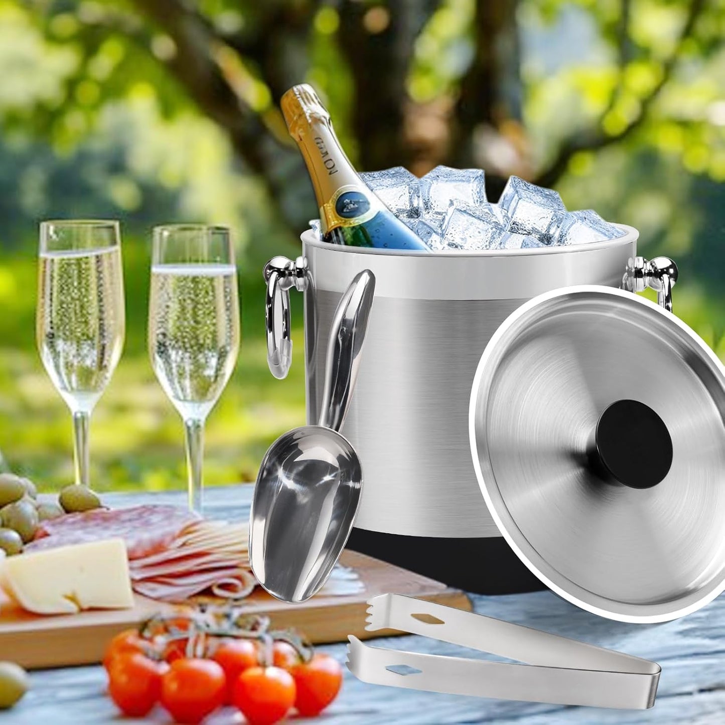 Double-Wall Stainless Steel Insulated Ice Bucket With Lid & Ice Tong [3 Liter] Included Strainer Keeps Ice Cold & Dry, Home Bar, Chilling Beer, Champagne, Wine Bottle