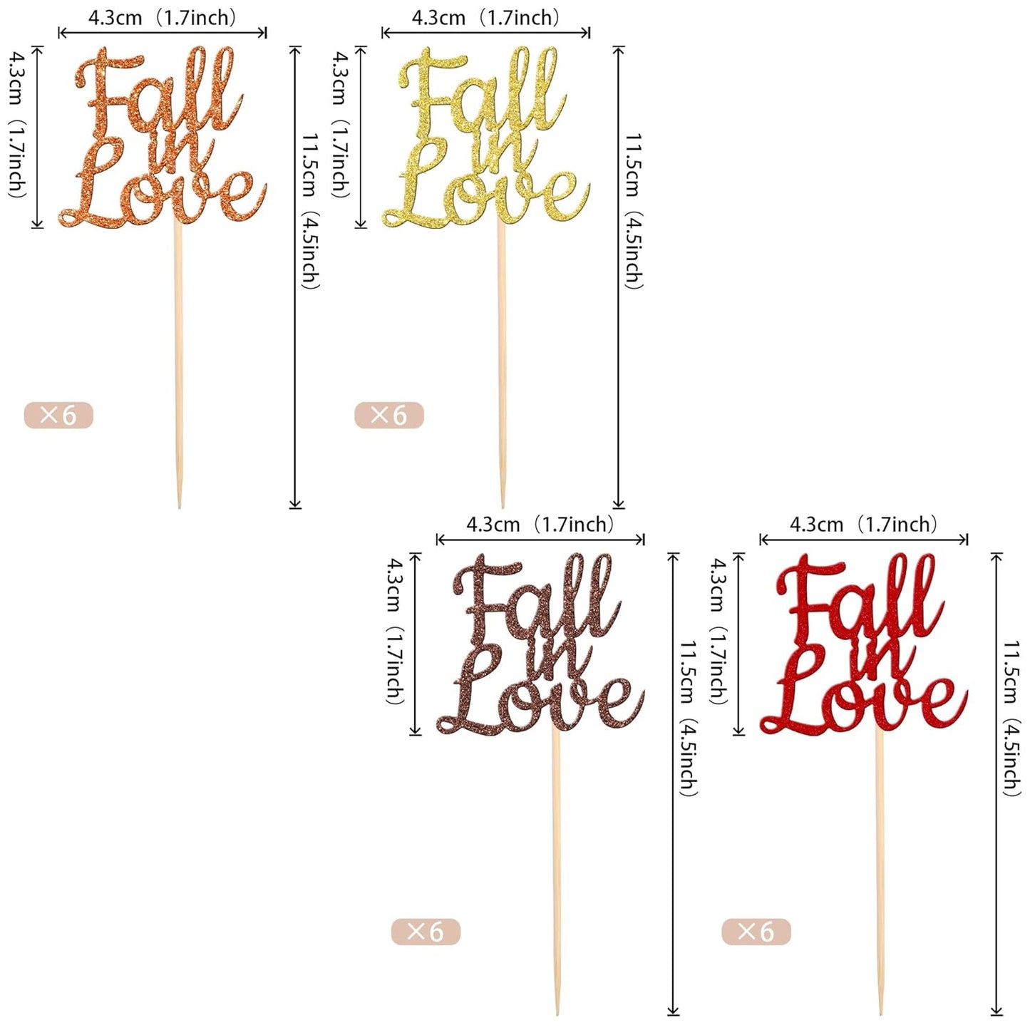 24 PCS Fall in Love Cupcake Toppers Glitter Fall Theme Bridal Shower Cupcake Picks for Autumn Wedding Engagement Anniversary Birthday Party Cake Decorations Supplies Colorful