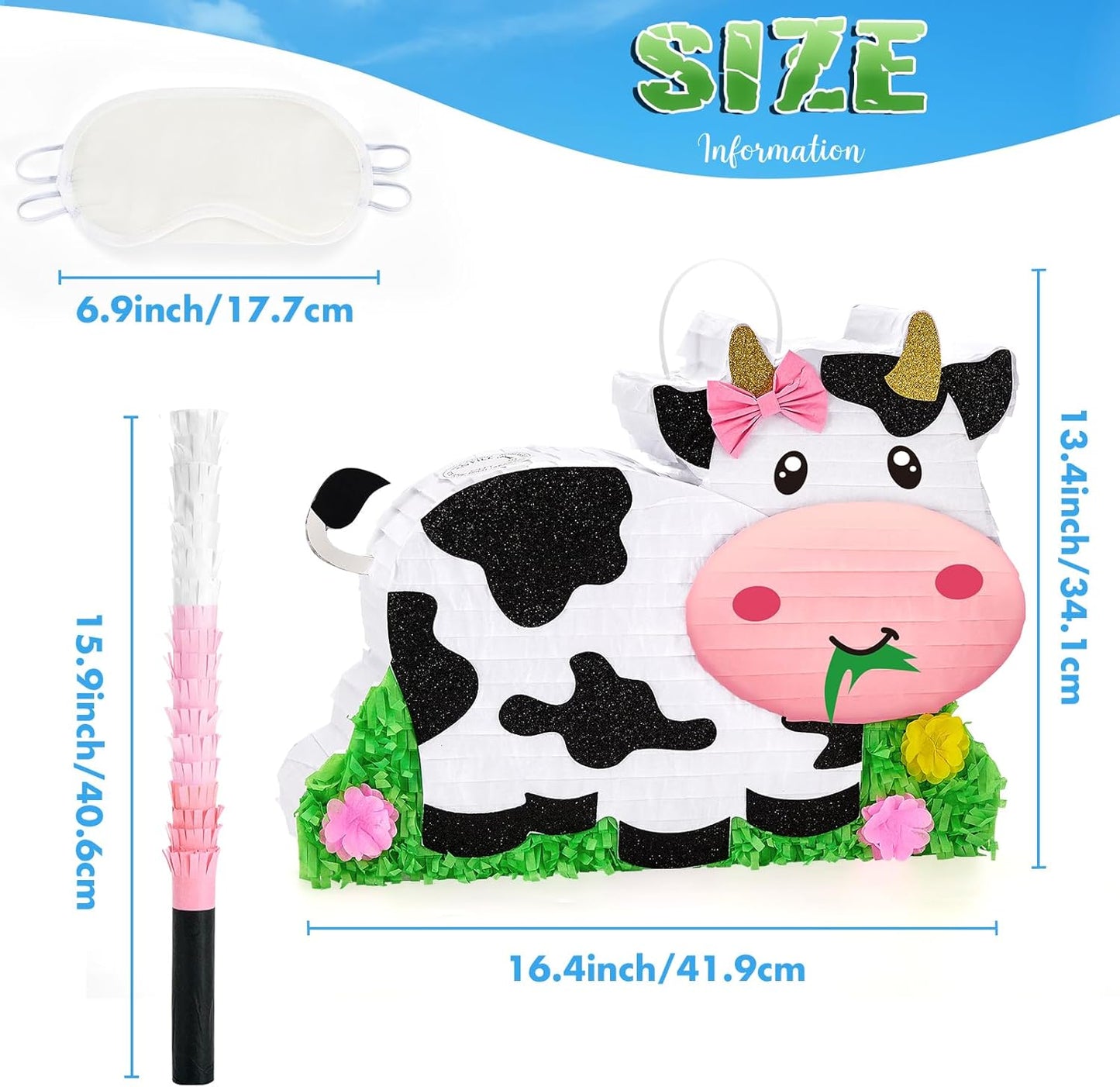 WERNNSAI Dairy Cow Piñata - Farm Animal Party Game Cow Pinata for Girls Birthday Party Decorations Kids Happy Party Favor Supplies with Bat Blindfold, Farm Theme Candy Toys Filler