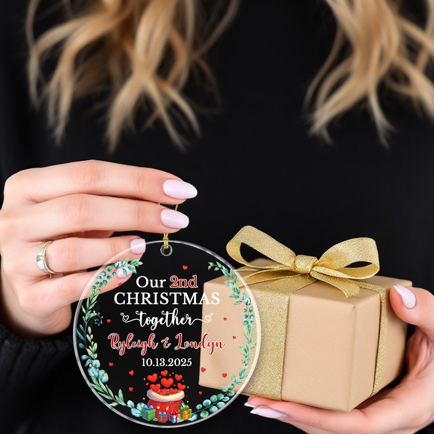 Our 2ND Christmas Together Ornament 2025, Personalized Date & Names Couple Together Xmas Ornament Gift for Dating Anniversary, Custom Mr & Mrs Christmas Ornaments for Women Men Boyfriend Girlfriends