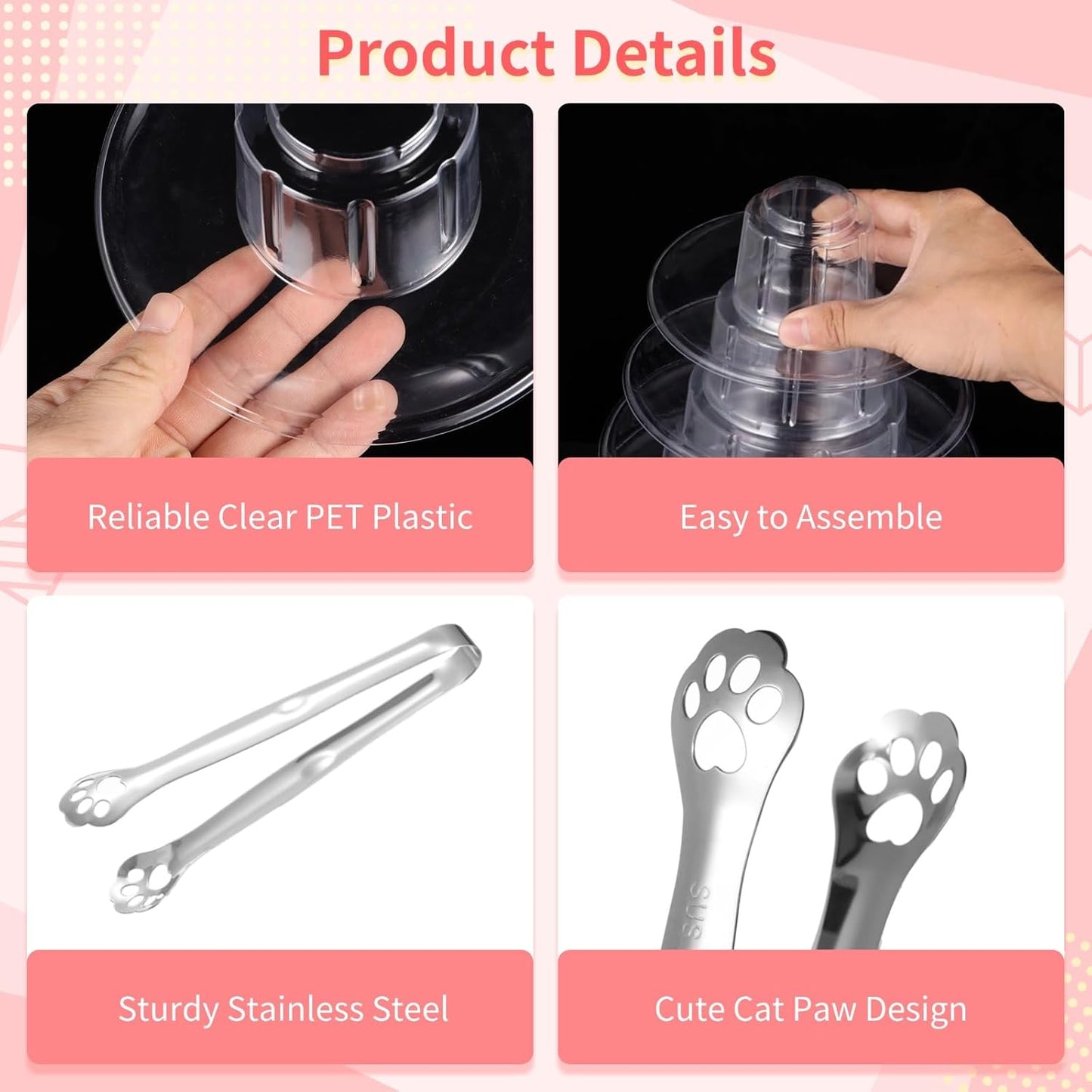 OMISTAR 2 PCS 6-Tier Clear Macaron Display Stands, Plastic Macaron Tray Tower with Stainless Steel Serving Tongs, Transparent Cupcake Dessert Stand for Weddings, Birthday Parties, Bakeries