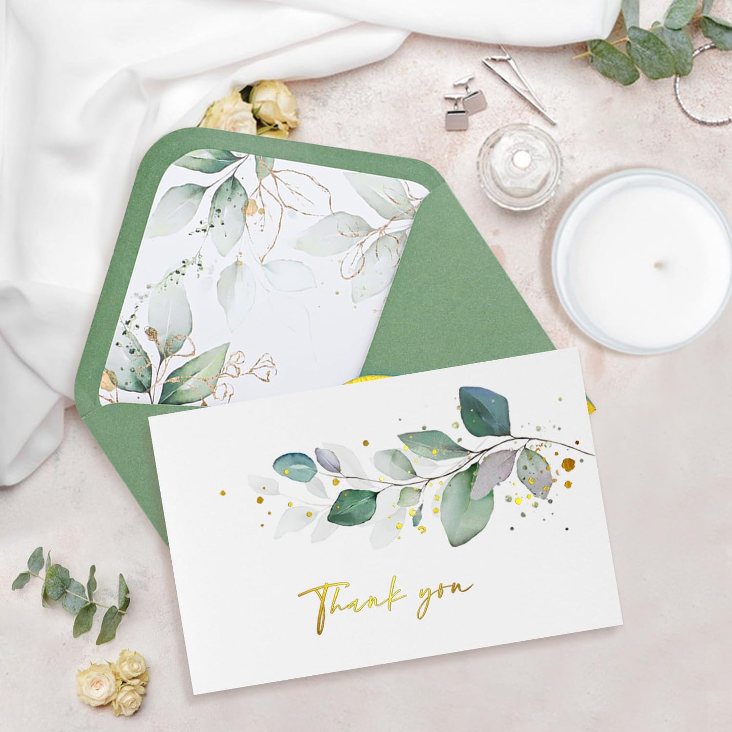 BGTCARDS Greenery Thank You Cards with Envelopes, Gold Foil, 32 Pack, 4×6”