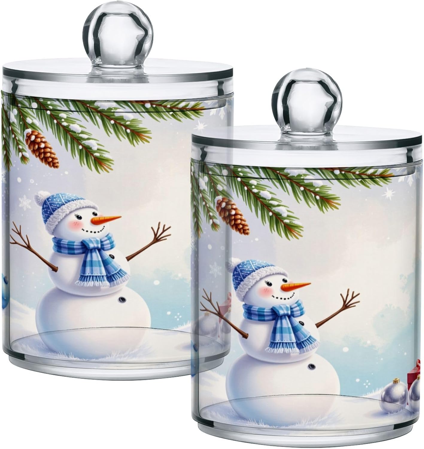 Gredecor Christmas Winter Qtip Holder Dispenser 2 Pack Snowman Snowflake Pine Cones Gifts Bathroom Decorative Storage Canister Holder Counter Vanity Organizer for Cotton Ball Swabs Pads Floss