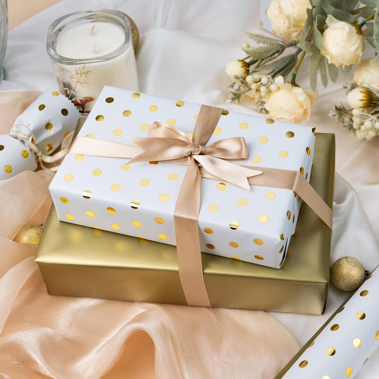 Flyhill Reversible Wrapping Paper-Mini Roll,Gold Foil and Polka Dot Design for Birthday,Holiday,Party,Baby Shower (17 Inch X 32.8 Feet)