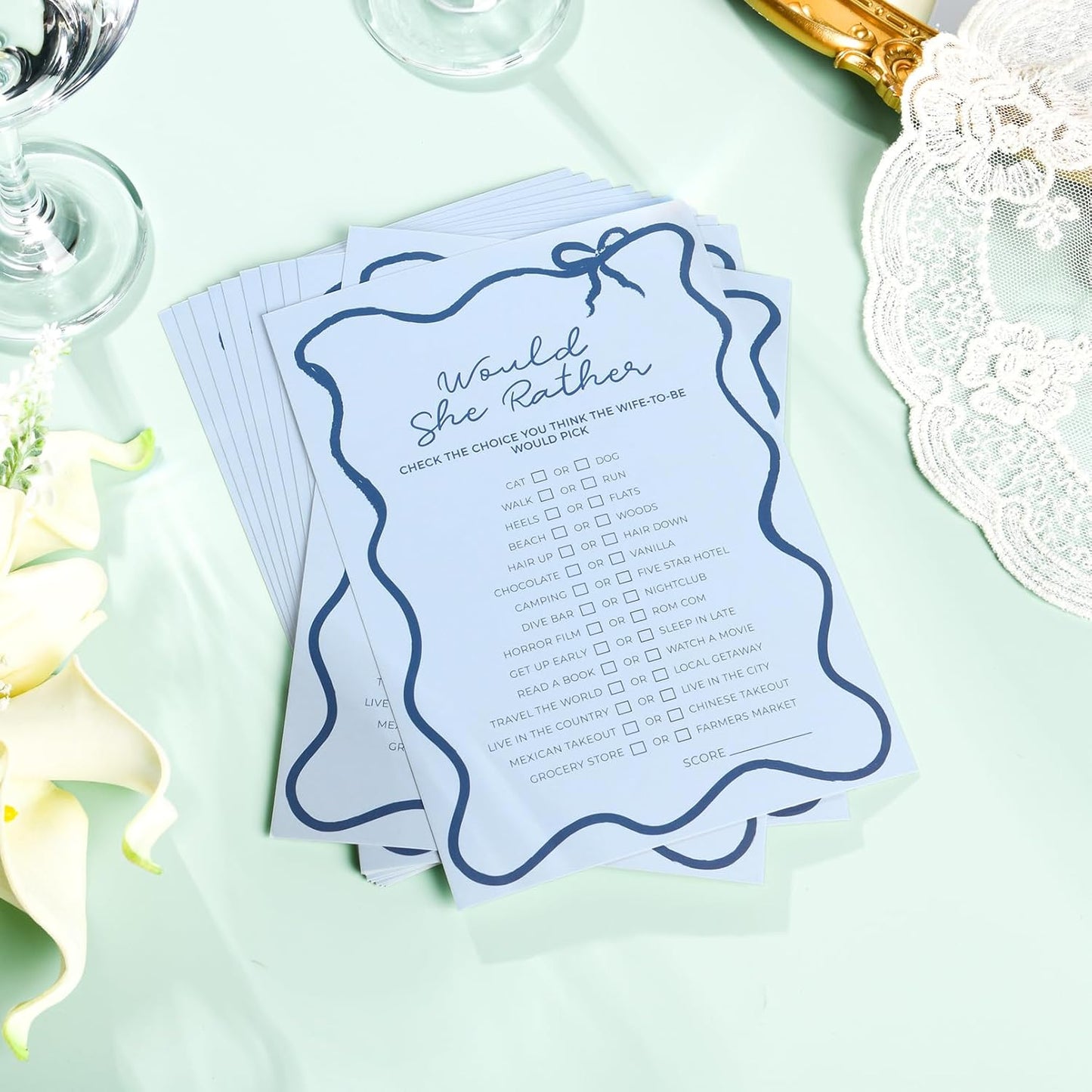 DEEKA 30 PCS Bridal Shower Games Card for 30 Guests Blue Wavy Border Ribbon Bow Funny Wedding Bachelorette Party Games for Reception (Would She Rather)