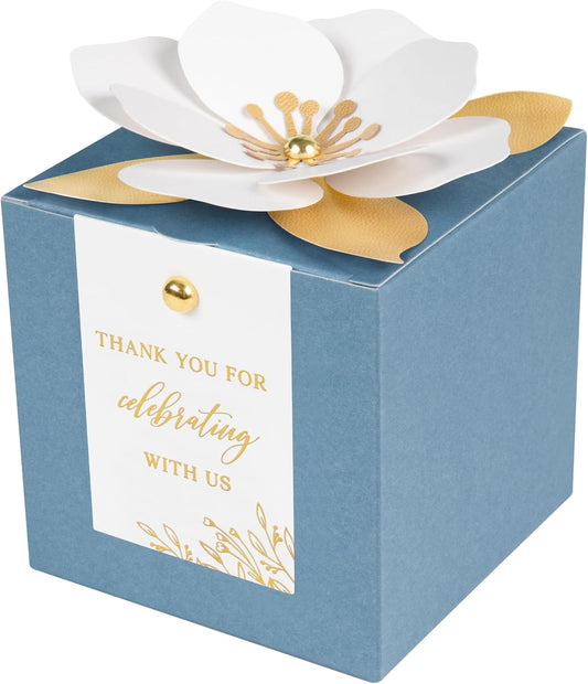 FEIYI 20 PCS Dusty Blue Gift Boxes, 3 In 1 Favor Boxes with Floral Decor, White Thank You Tags Cupcake Containers Gift wrapping for Wedding, Baby Shower, Birthday, Decorations Party - 3.55x3.55x3.55