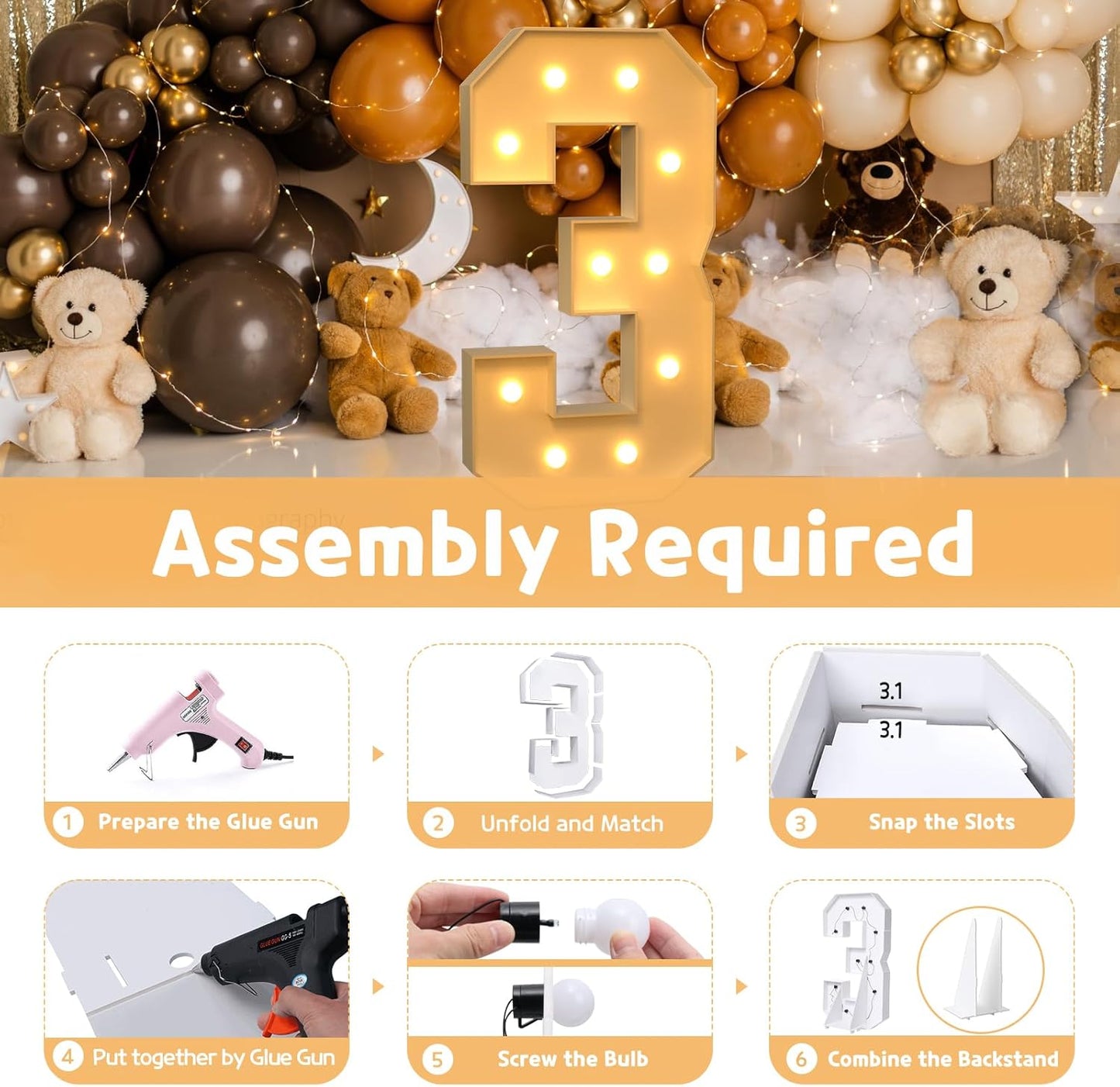 imprsv 4FT Marquee Numbers,DIY Light Up Numbers for 30th Birthday Decorations, Party Party Decorations,Anniversary Party Decor,Mosaic Number for Balloons Number 3,Pre-Cut Foam Board Kit