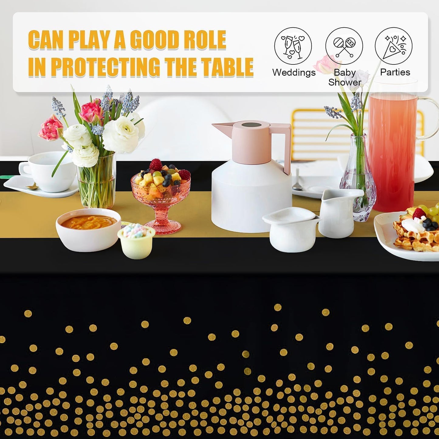 Childom 3 Pack Black and Gold Tablecloths for New Years Eve Party Supplies
