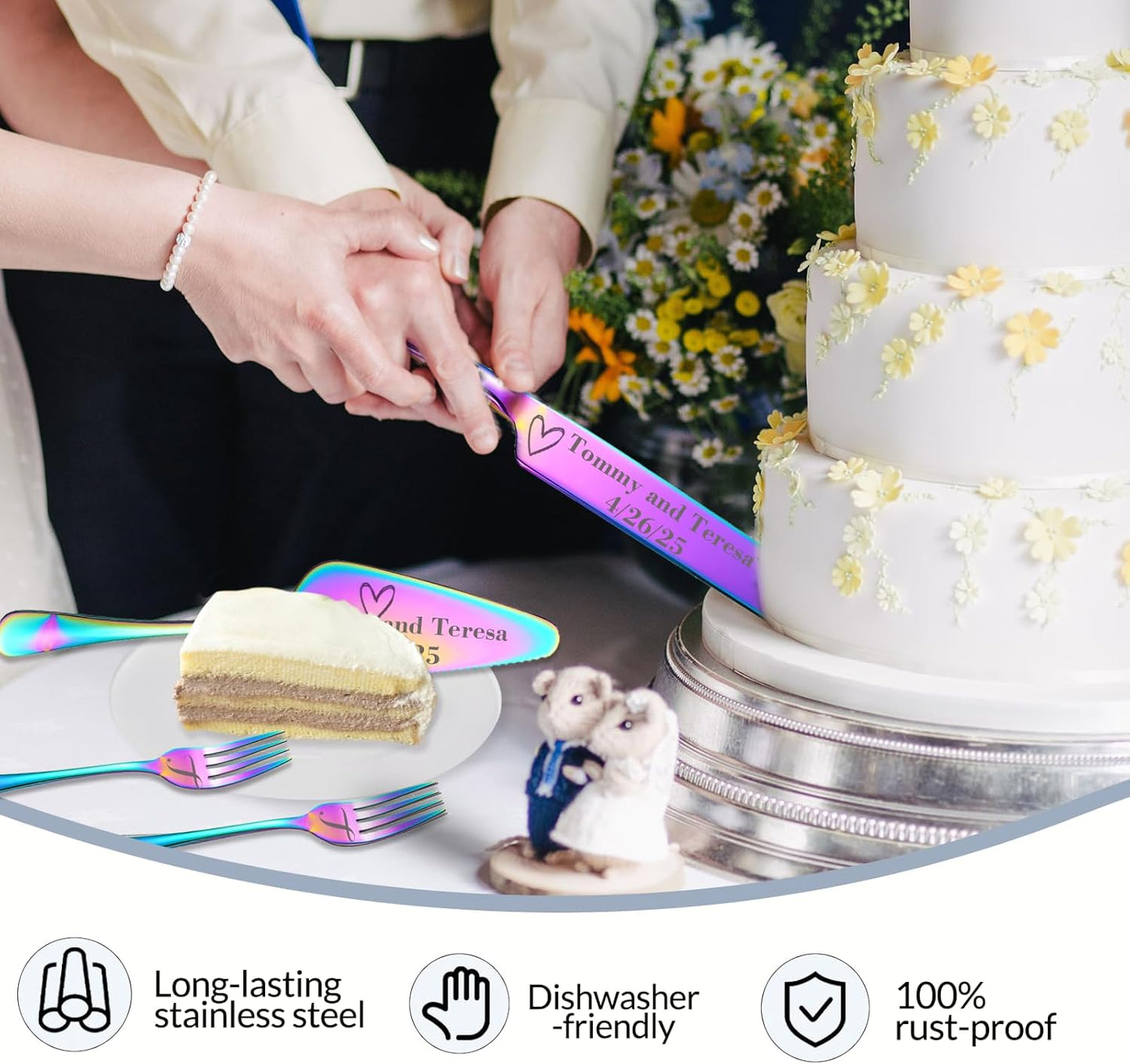 Personalized Wedding Cake Knife and Server Set, Custom Names Cake Cutting Set with Stainless Steel Forks, Customized Bridal Anniversary Birthday Wedding Registry Gifts (Multicolor)
