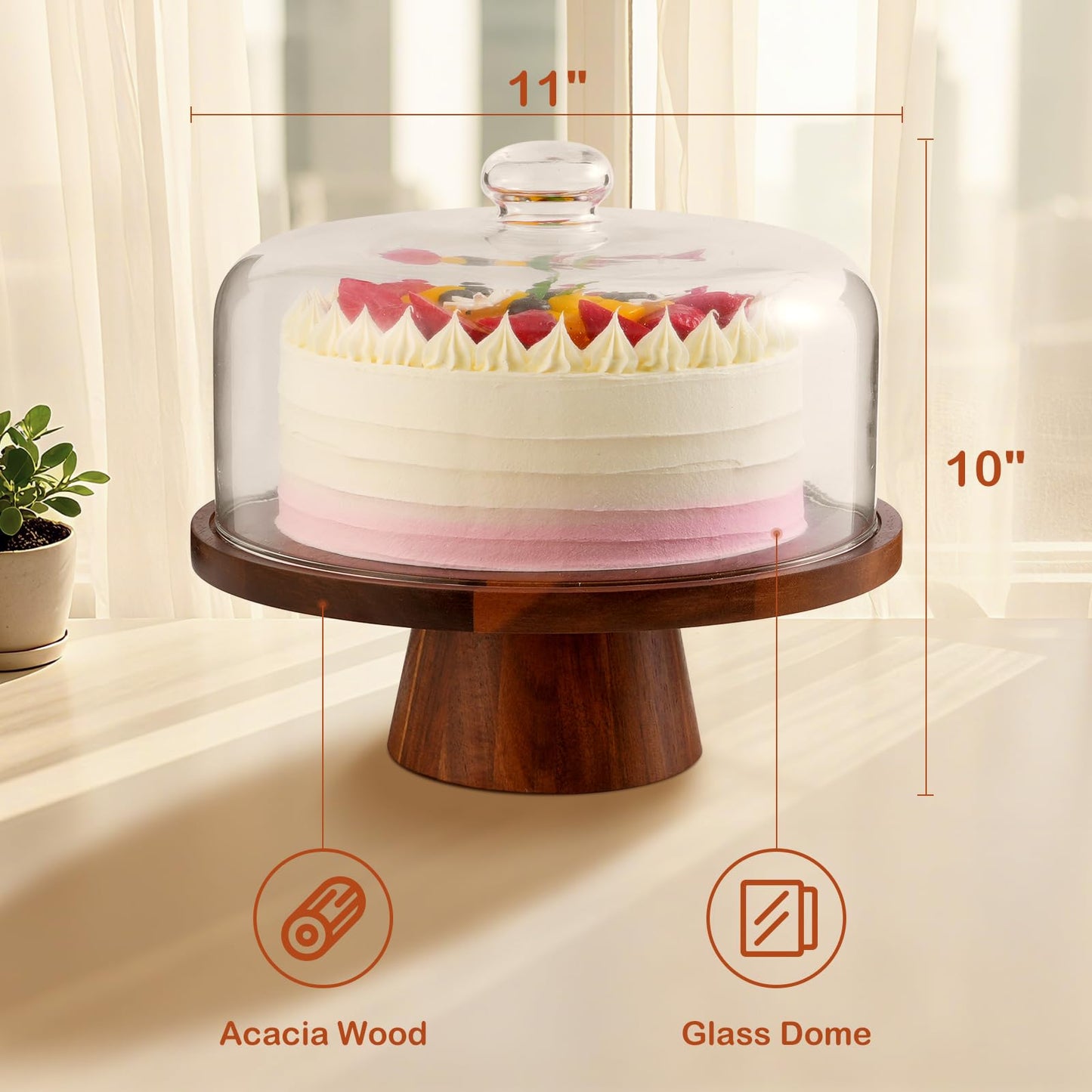 Acacia Wood Cake Stand with Glass Lid–12" Magnetic Base for Parties&Kitchen