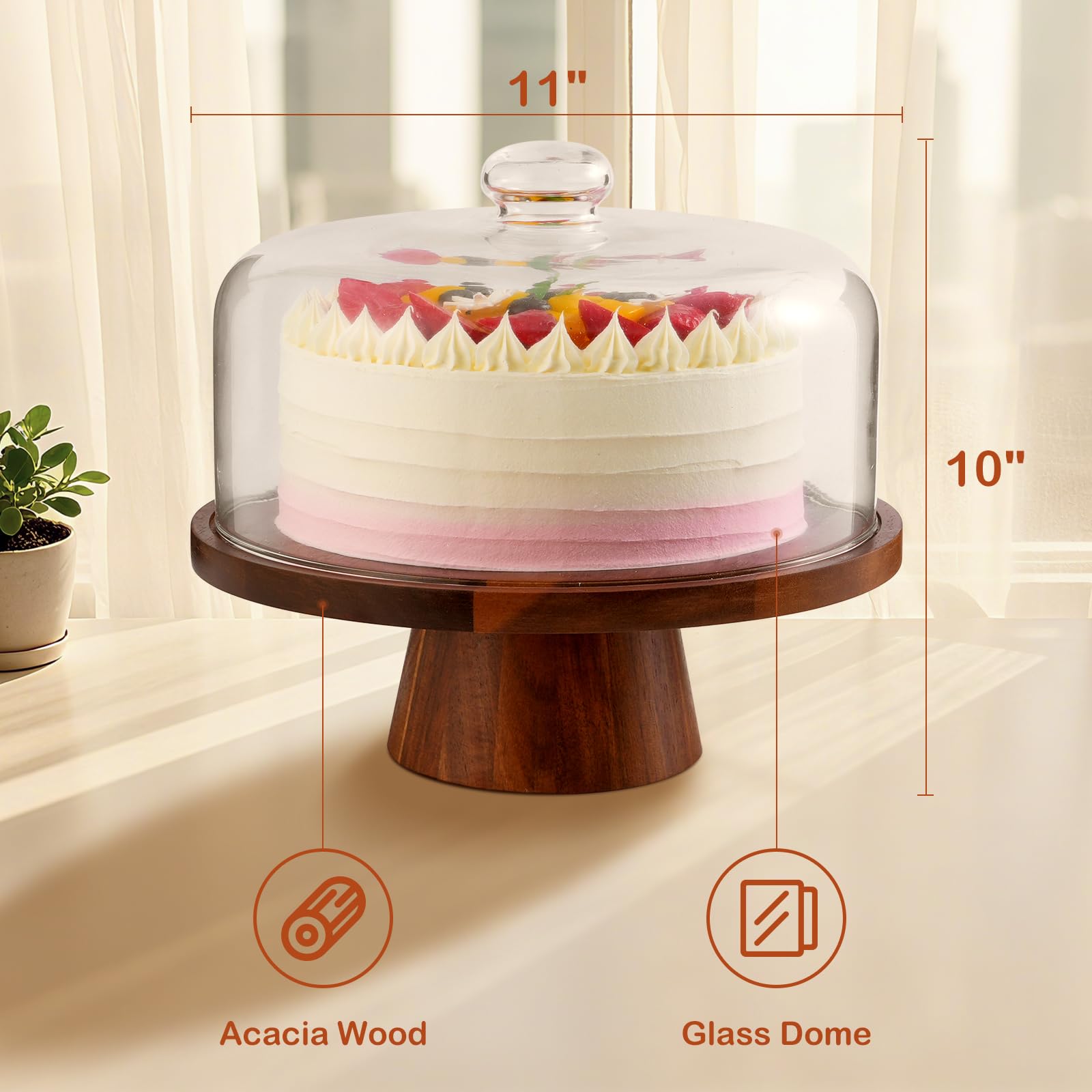 Acacia Wood Cake Stand with Glass Lid–12" Magnetic Base for Parties&Kitchen