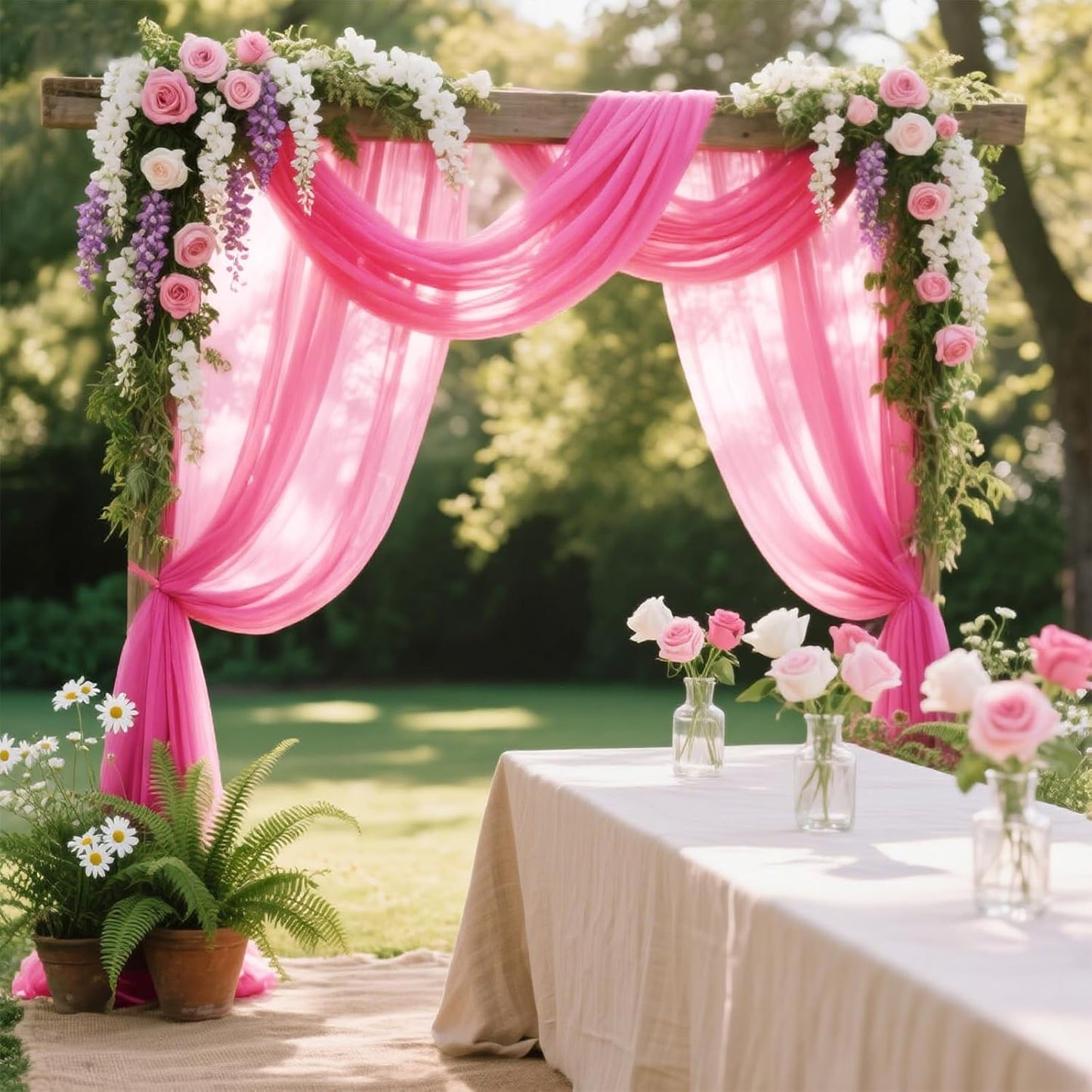 VOK Pink Wedding Arch Draping Fabric Chiffon Fabric, 29in x 18Ft 2 Panels Sheer Chiffon Outdoor Curtain for Wedding Ceremony Birthday Party Decoration (Fuchsia,2 Panel)