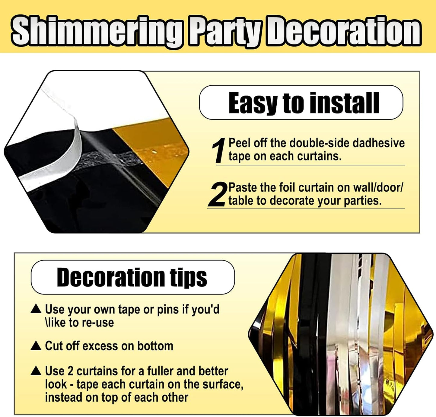 3 Pack Black Gold Silver Foil Fringe Curtain Backdrop, 3.28Ft x 8.2Ft Metallic Tinsel Foil Fringe Streamer Curtains for Photo Booth, Christmas Day, Thanksgiving, Wedding, New Year Party Decorations