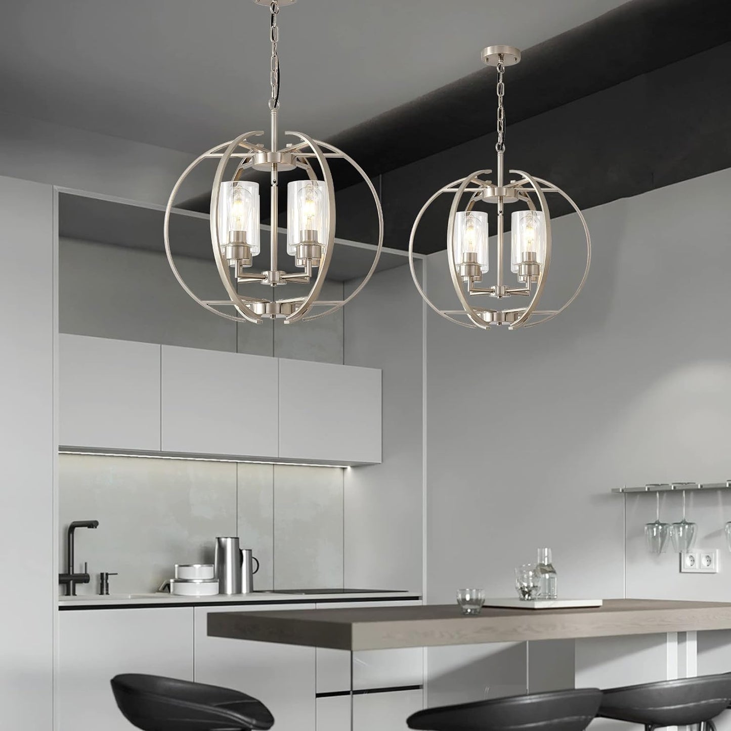 Large Lantern Globe Brushed Nickel Chandelier Lighting, Adjustable Hanging Ceiling Pendant 4 Light for Kitchen, Dining Room, Living Room, Hallway, Bedroom