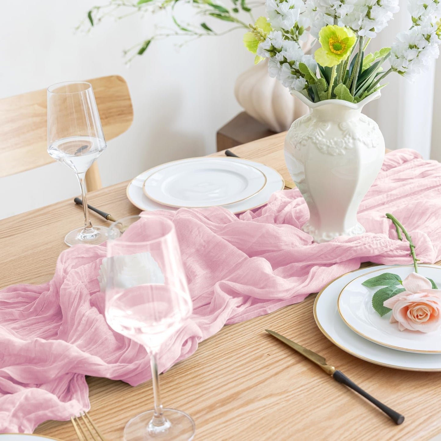 Asee'm 6pcs Cheesecloth Table Runner 120 Inches Blushing Pink Boho Gauze Cheese Cloth Runner 10FT Rustic Sheer Table Runners for Summer Wedding Baby Shower Holiday Party Decoration