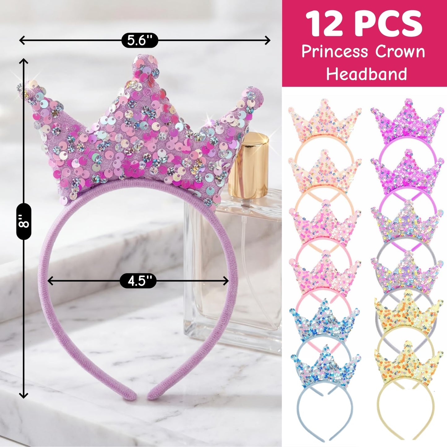 Acshio 12 Pack Princess Crown Headband, Glitter Sequin Hairband