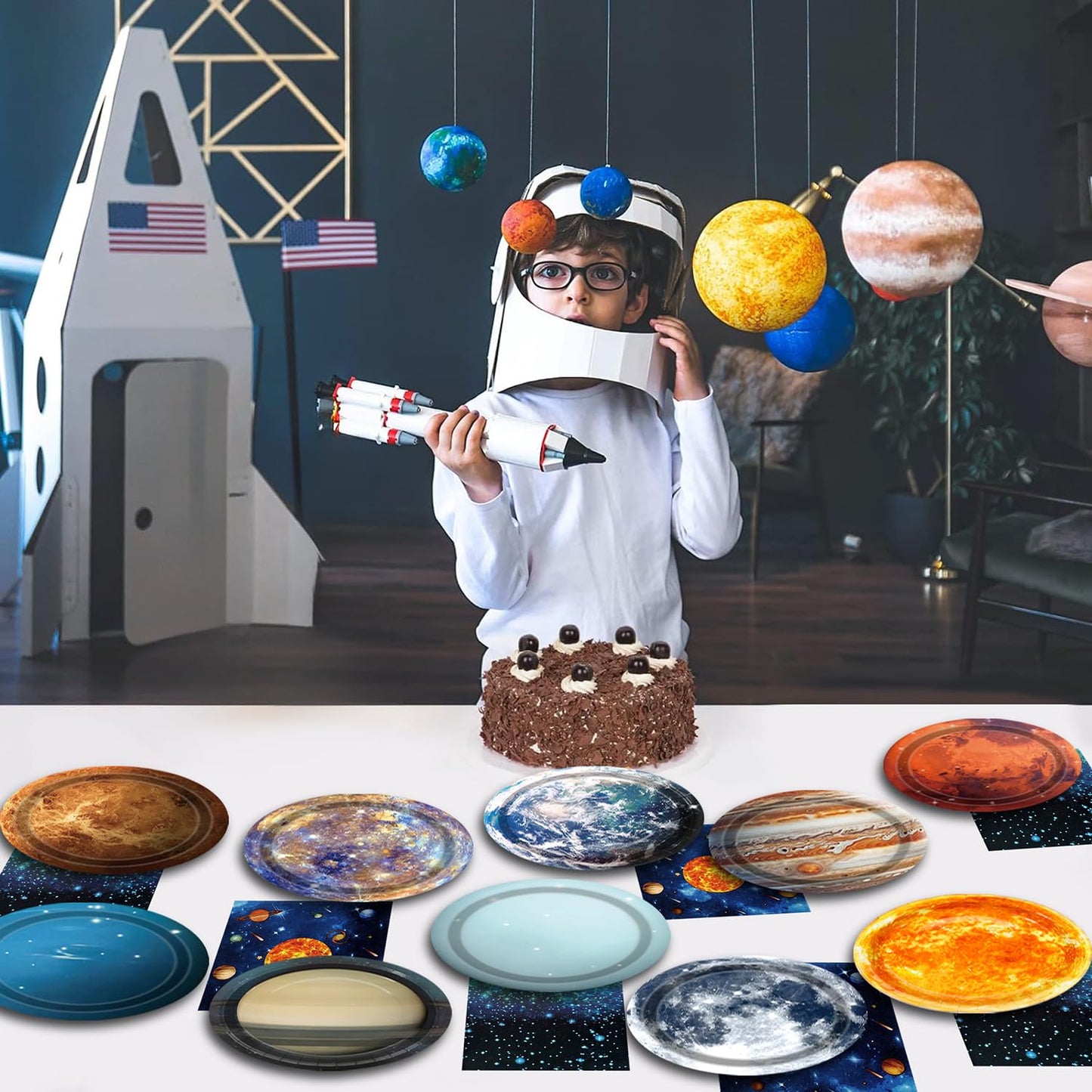 UROINEPA Space Theme Party Decorations 100Pcs Galaxy Planet Outer Space Disposable Plates and
