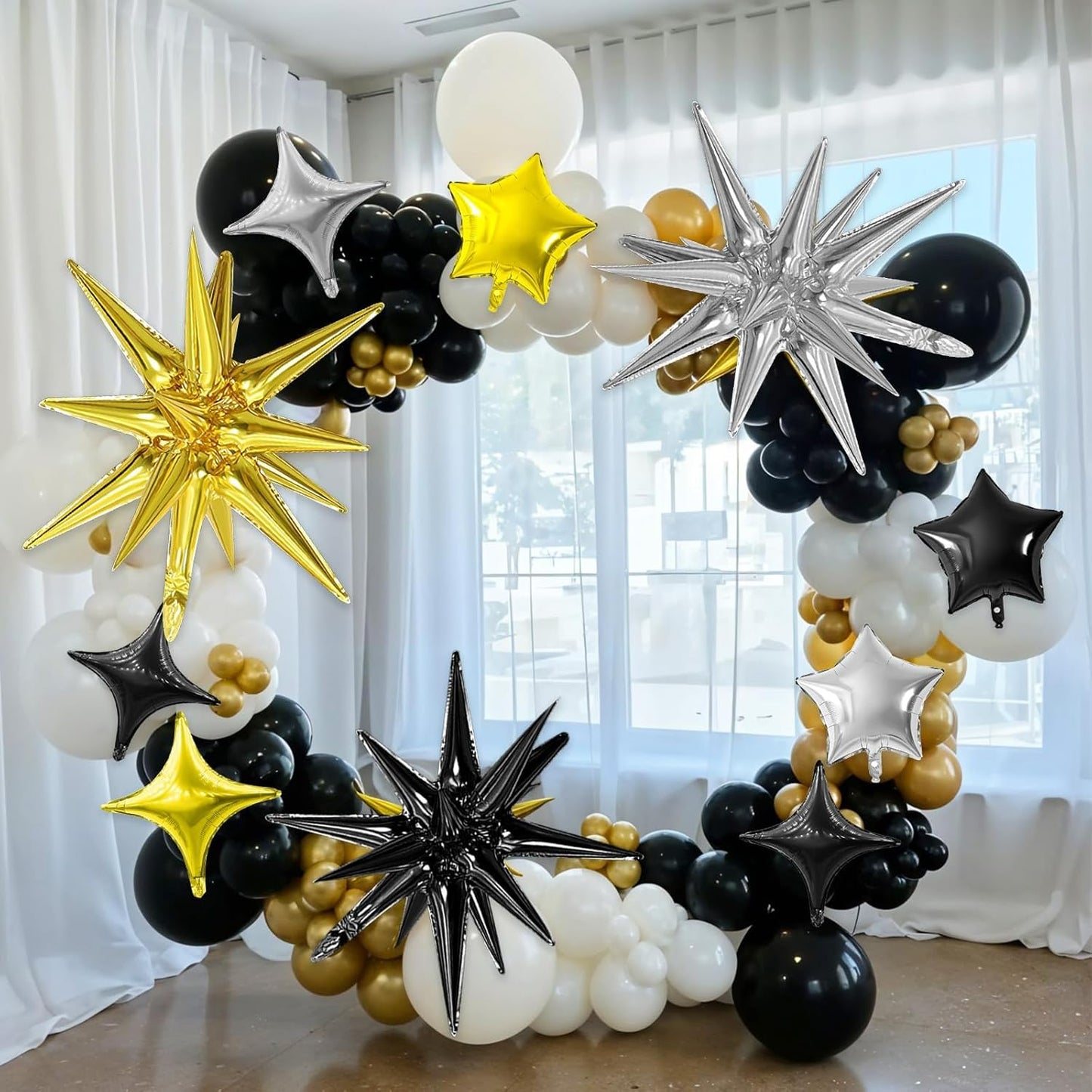 Black Gold Silver Star Balloon,16Pcs Star Foil Balloons Set with 22Inch Explosion Spike Cone Balloons and 10Inch Quadrangle Helium Balloon for Birthday Wedding Baby Shower Party Decorations