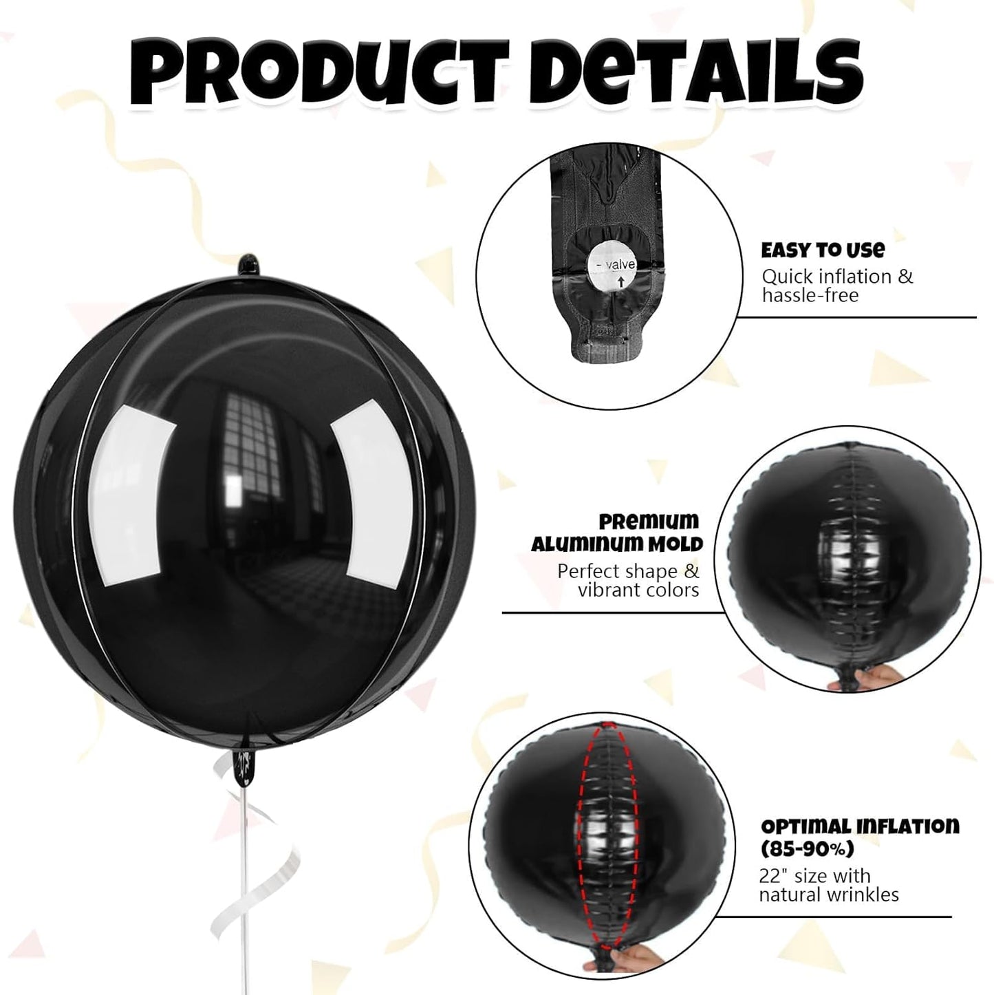 Giant 4D Foil Balloons, 6Pcs Large Metallic Black Round Balloons, 22 Inch Big Round Foil Balloon for Black Birthday Party Baby Shower Wedding Decorations