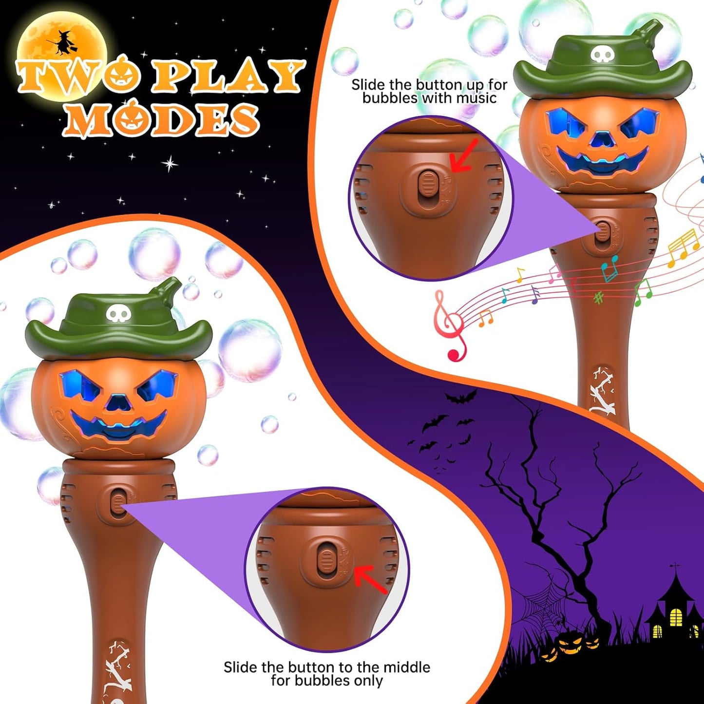 Halloween Bubble Machine Wand for Kids, Light up & Music Pumpkin Bubble Wand-2 Temporary Tattoos and 5 Bubble Solution, Halloween Boo Basket Stuffers for Toddlers Boys & Girls 3 4 5 6 7 8 + Years Old