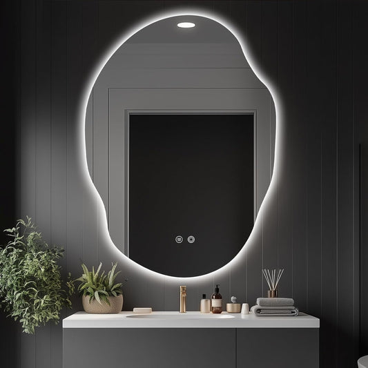 Asymmetrical LED Bathroom Mirror with Lights,Irregular Led Bathroom Vanity Mirror for Wall with Front and Backlit, Anti Fog, 3 Colors and Dimmable Light,[Horizontal/Vertical] 40" H x 30" W