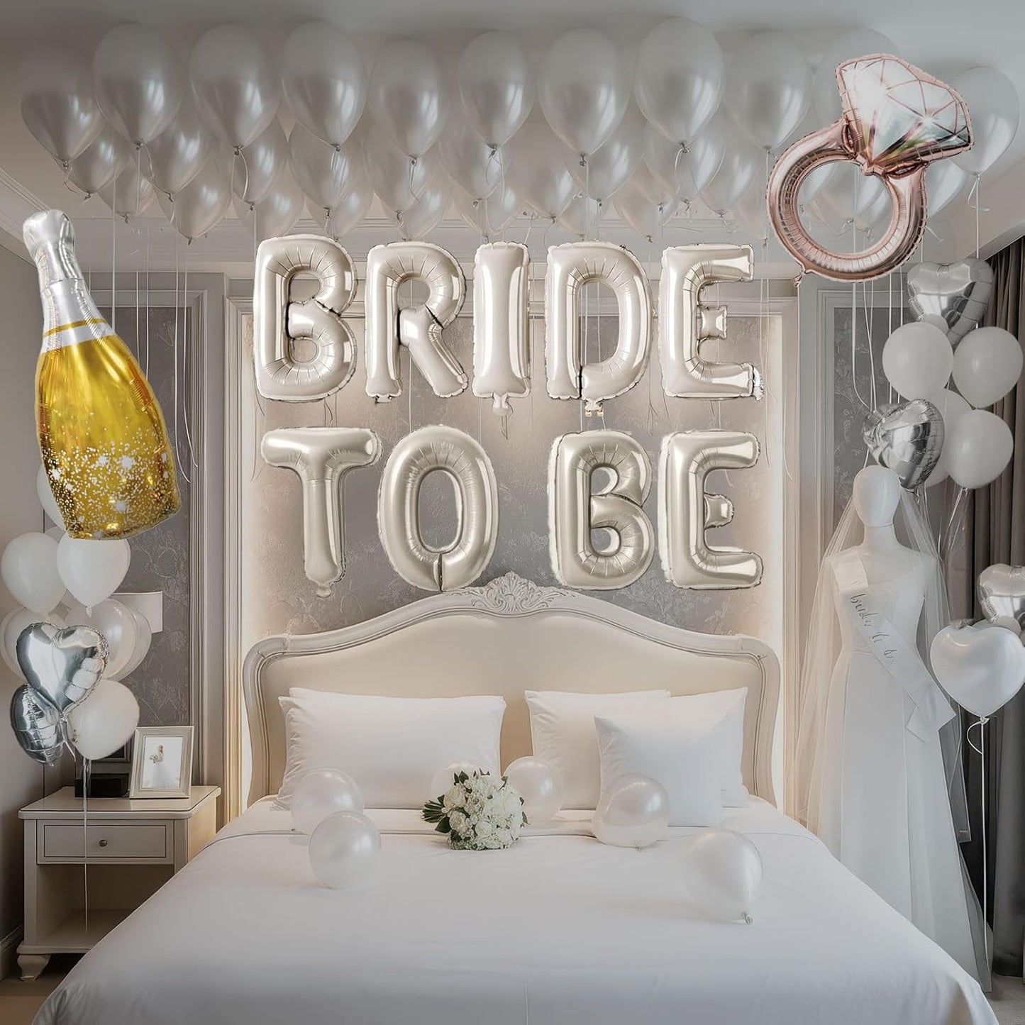 Cream White bridal shower Decorations with BRIDE TO BE letter Balloons & bridal Sash Diamond Ring Heart shape and Champagne Balloons Bridal Veil for Bachelorette Party Decor Bride To Be supplies
