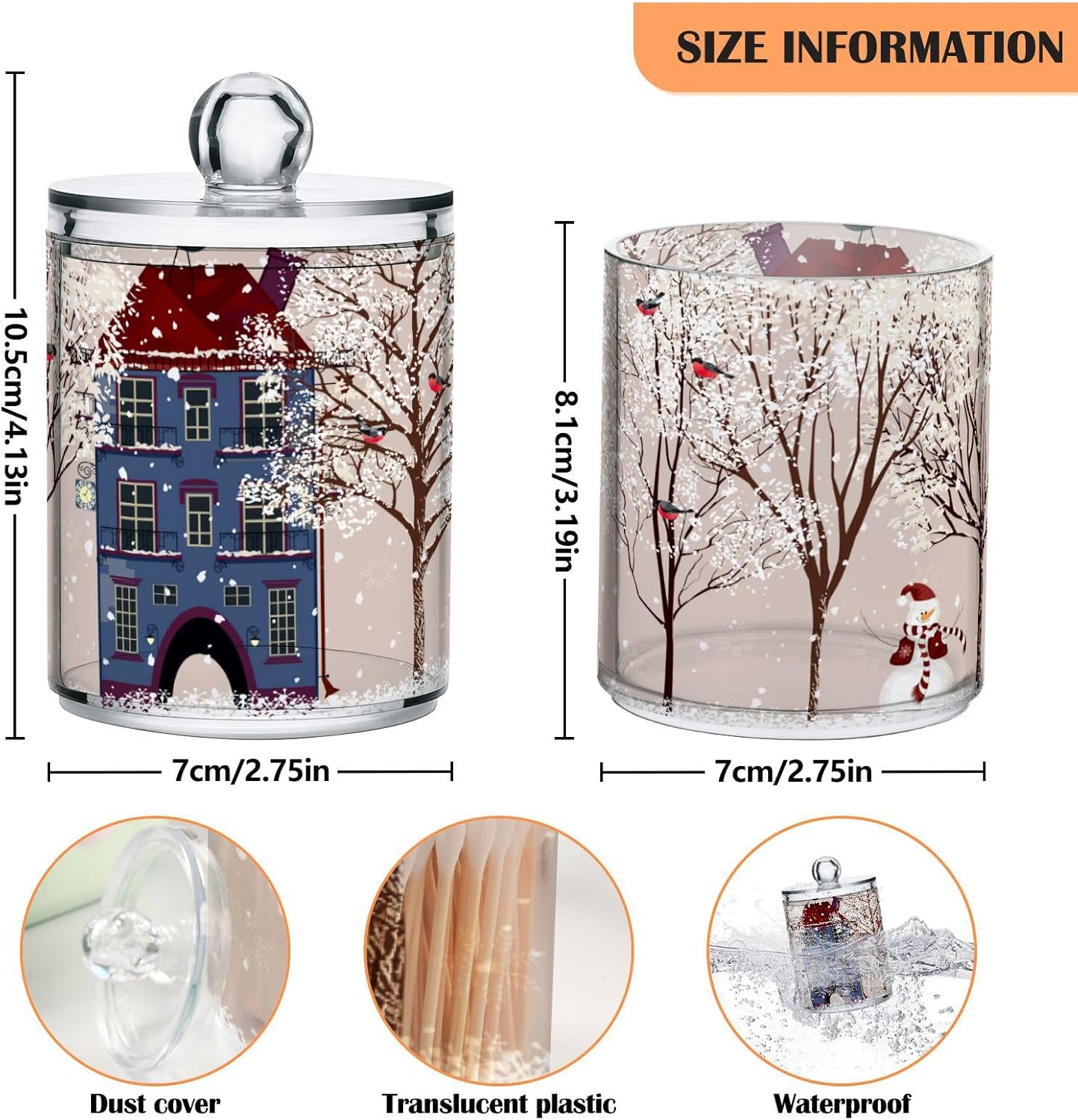 Gredecor Christmas Winter Qtip Holder Dispenser 2 Pack Snowmen Snow Courtyard with Trees Bathroom Decorative Storage Canister Holder Counter Vanity Organizer for Cotton Ball Swabs Pads Floss