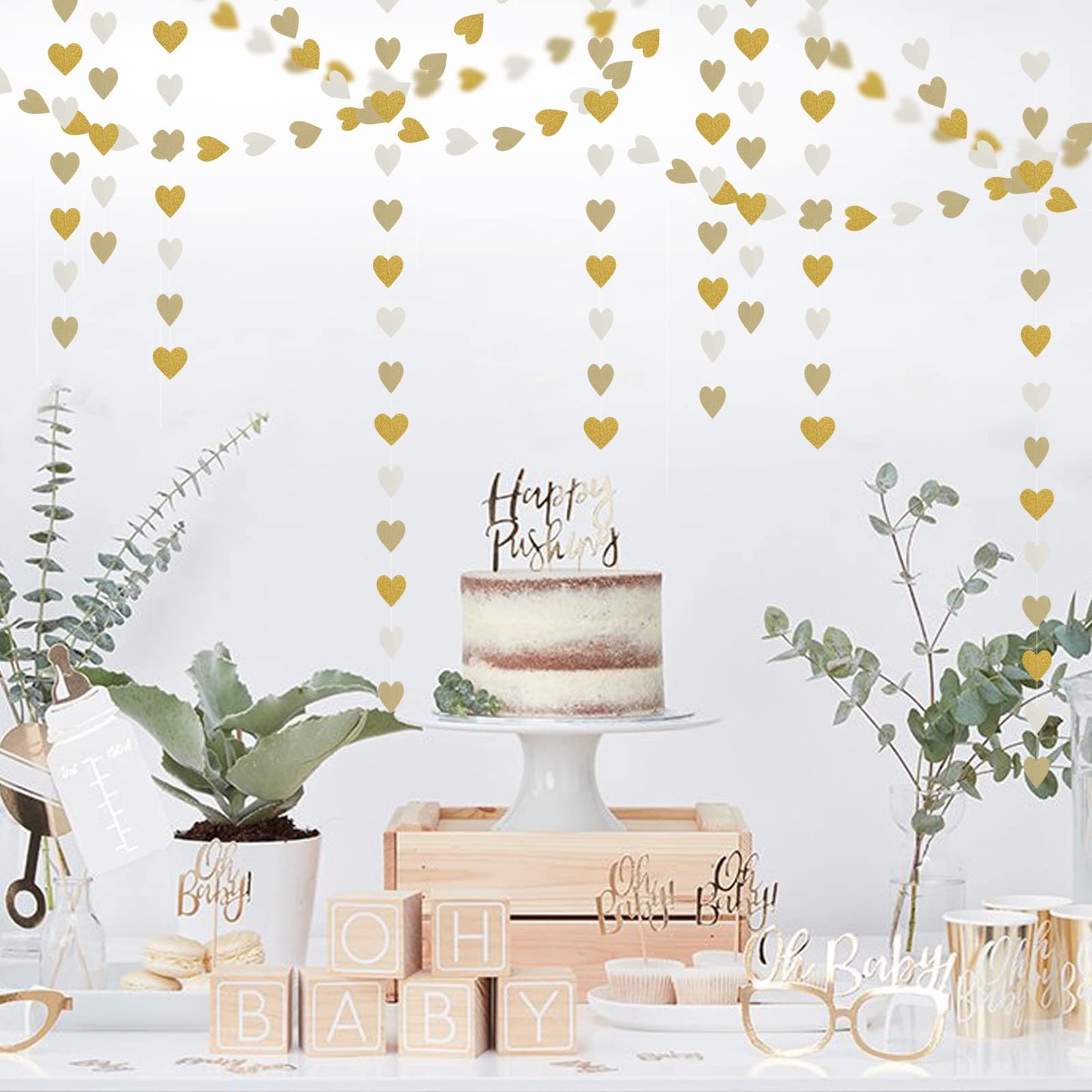 White-Gold Champagne Party-Decorations Heart Streamers Garland - 52Ft Christmas Wedding Engagement