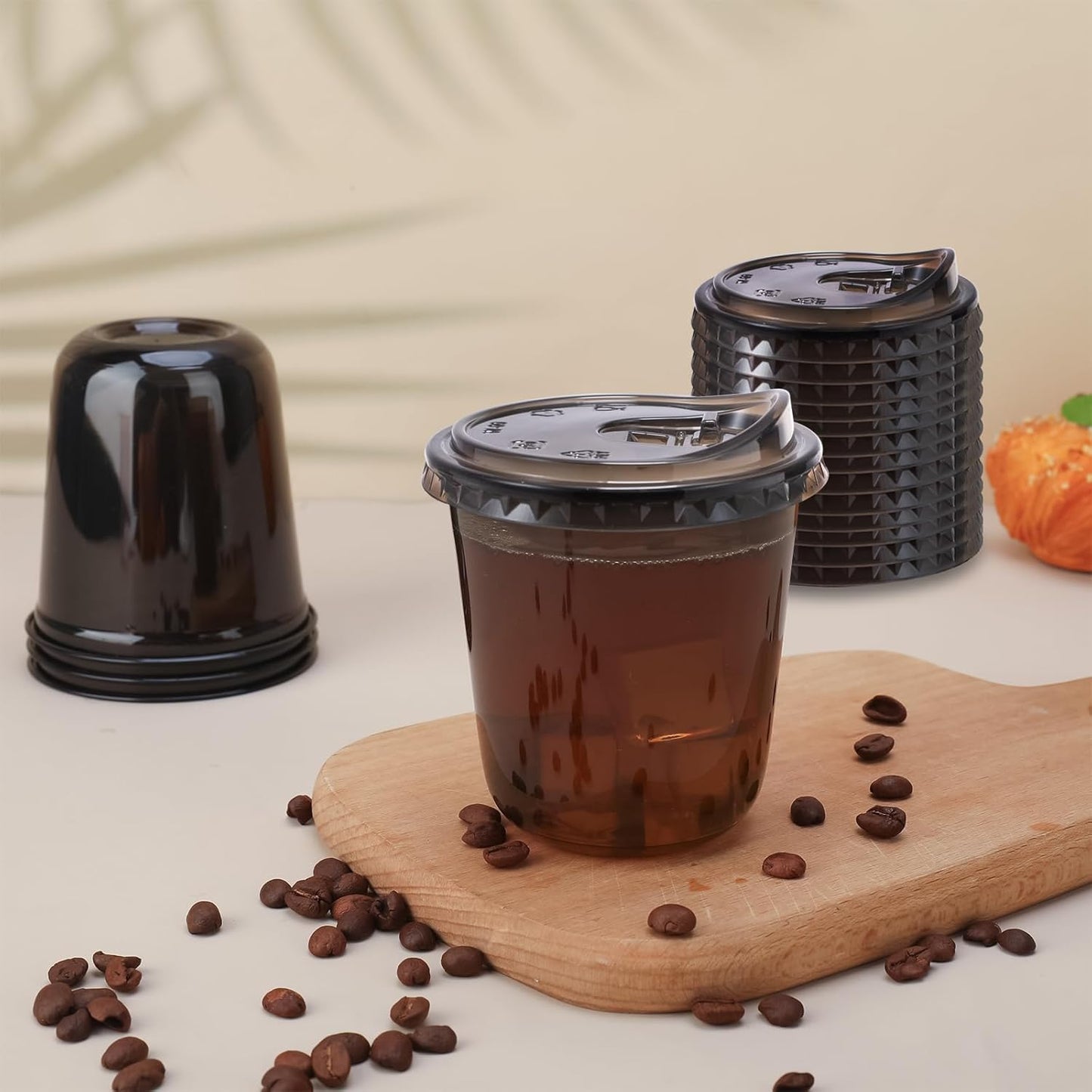 12oz Disposable Stemless Glasses With Strawless Sip Lids,PET Disposable Drinking Cups,Clear Plastic Wine Glasses for Parties Birthday,Wedding,Meeting,Christmas Party Supplies. (50, Black)