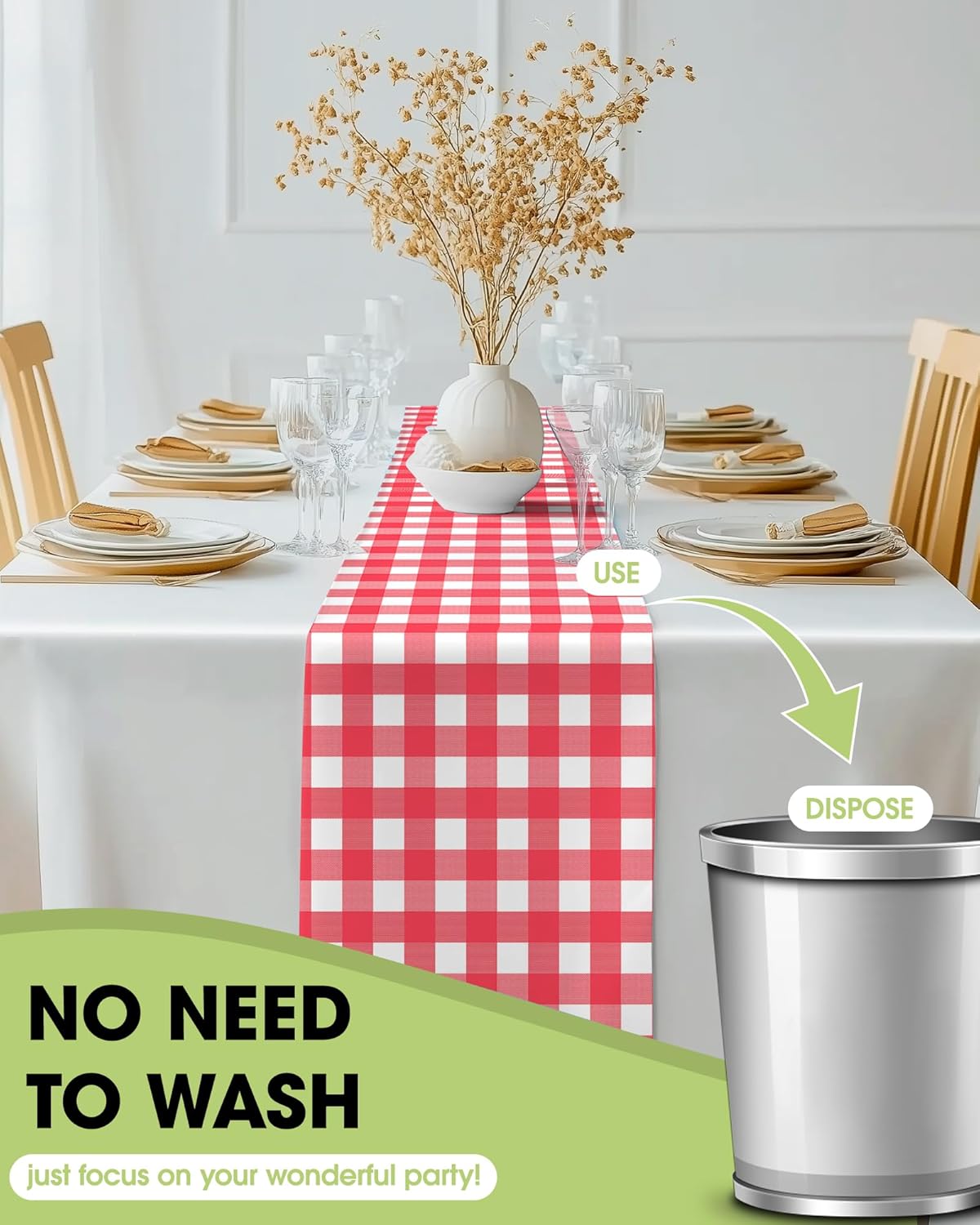 Pureegg Gingham Plastic Table Runners - 10 Pack, 14'' x 108'', Water Resistant & Disposable Plaid Centerpiece Decorations for Table Cloth, Birthday, Holiday, Party, Red and White Checkered Home Decor